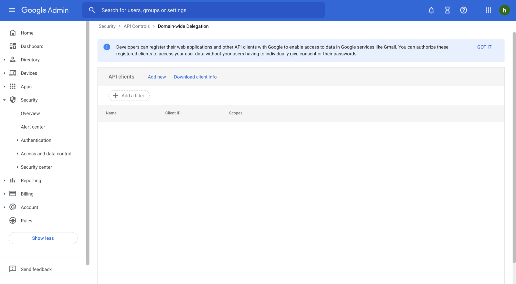 Google Admin Console showing Domain-wide Delegation page under Security > API Controls