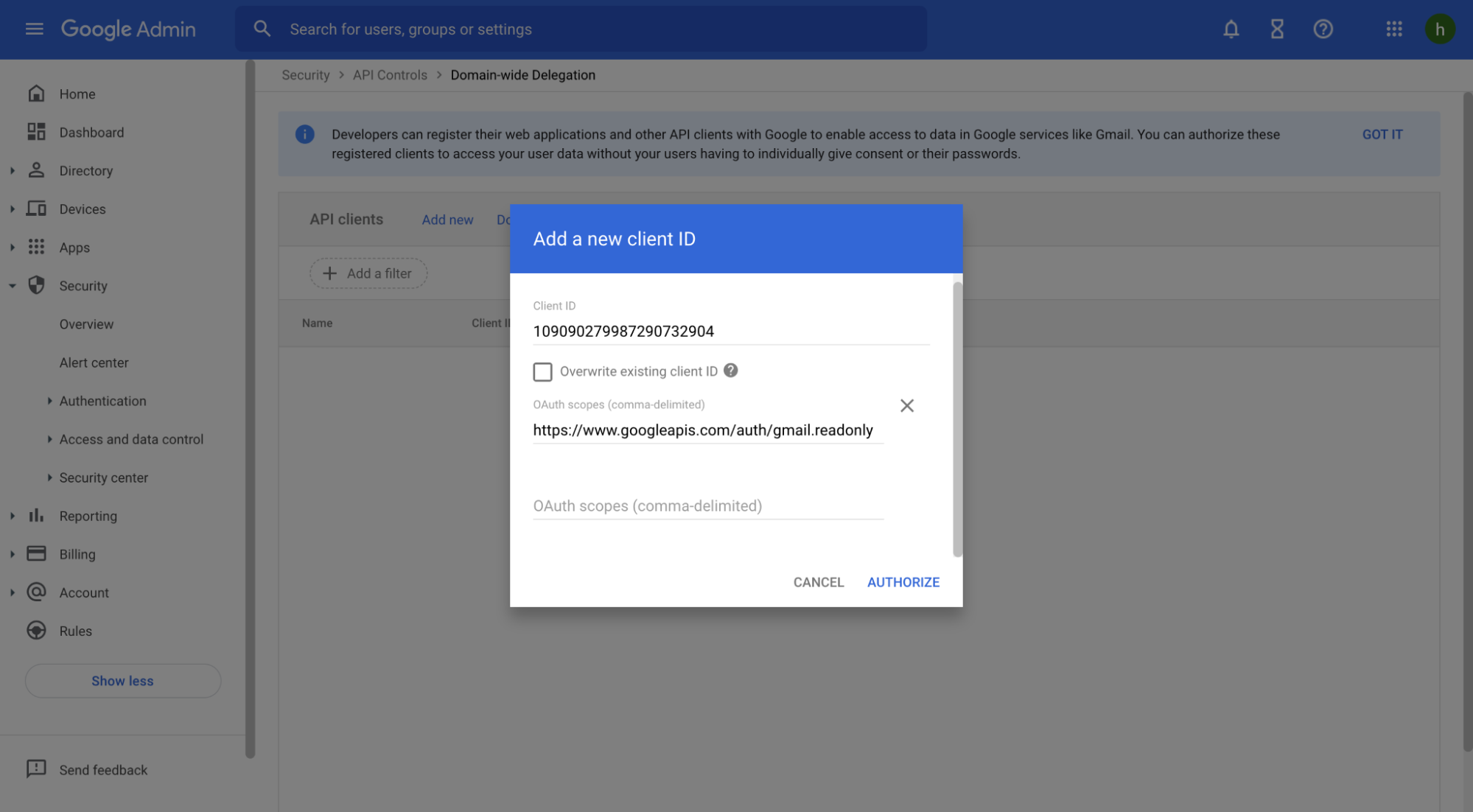 Add a new client ID dialog with Client ID and OAuth scope fields filled in