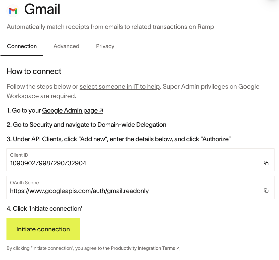 Ramp Gmail integration setup page with connection steps and Initiate connection button