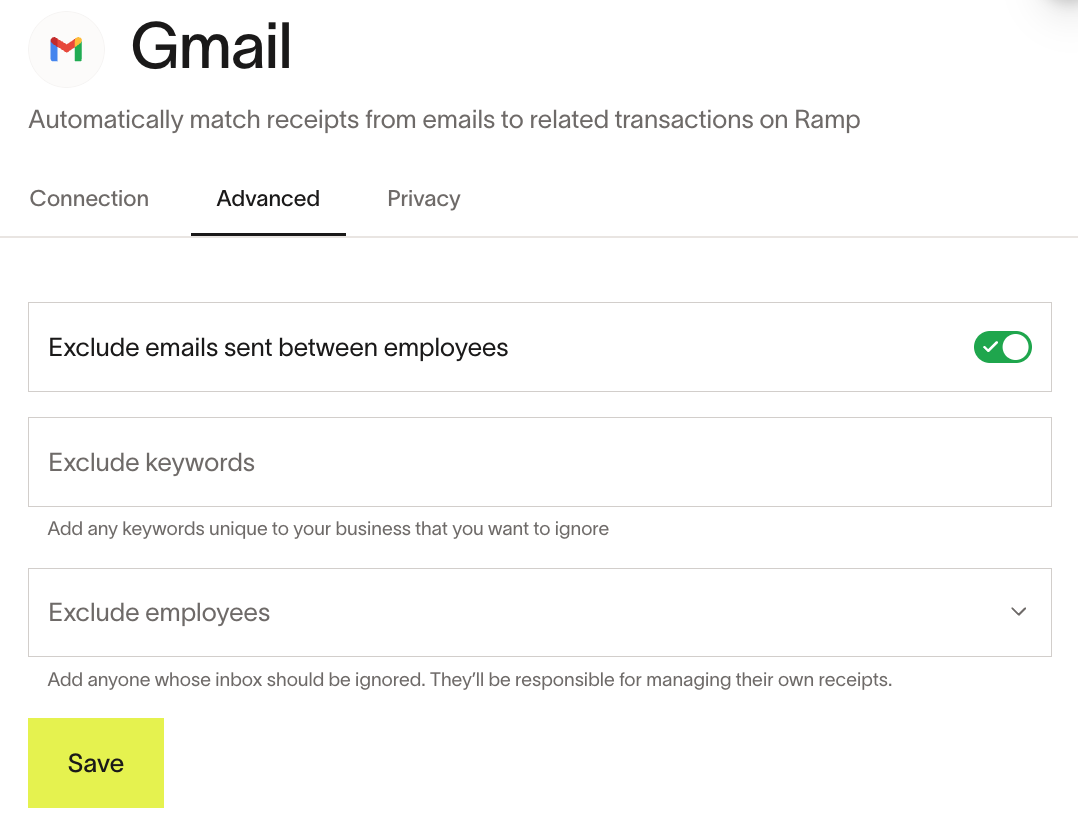 Gmail integration Advanced settings with exclusion controls for employees, keywords, and inboxes