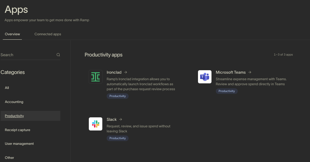 Productivity apps section on the Ramp dashboard, featuring Ironclad, Microsoft Teams, and Slack integrations.