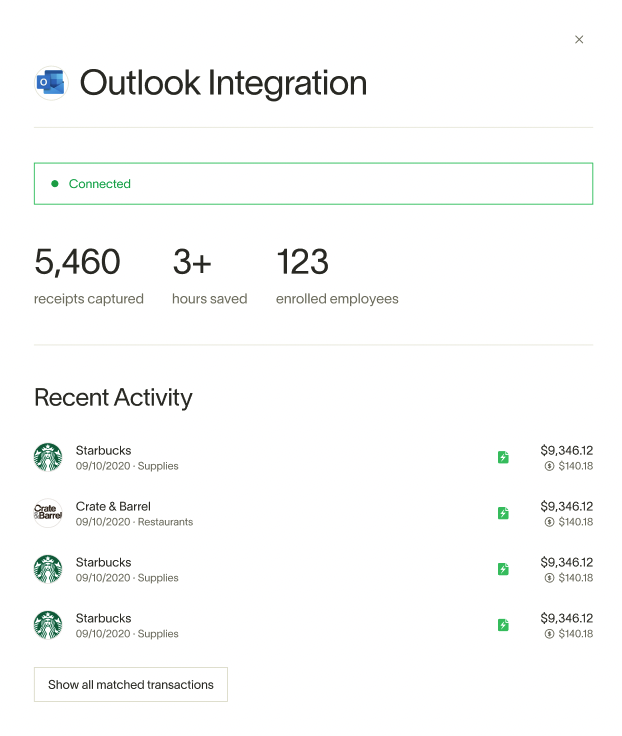 Outlook Integration dashboard showing receipts captured, hours saved, and recent activity