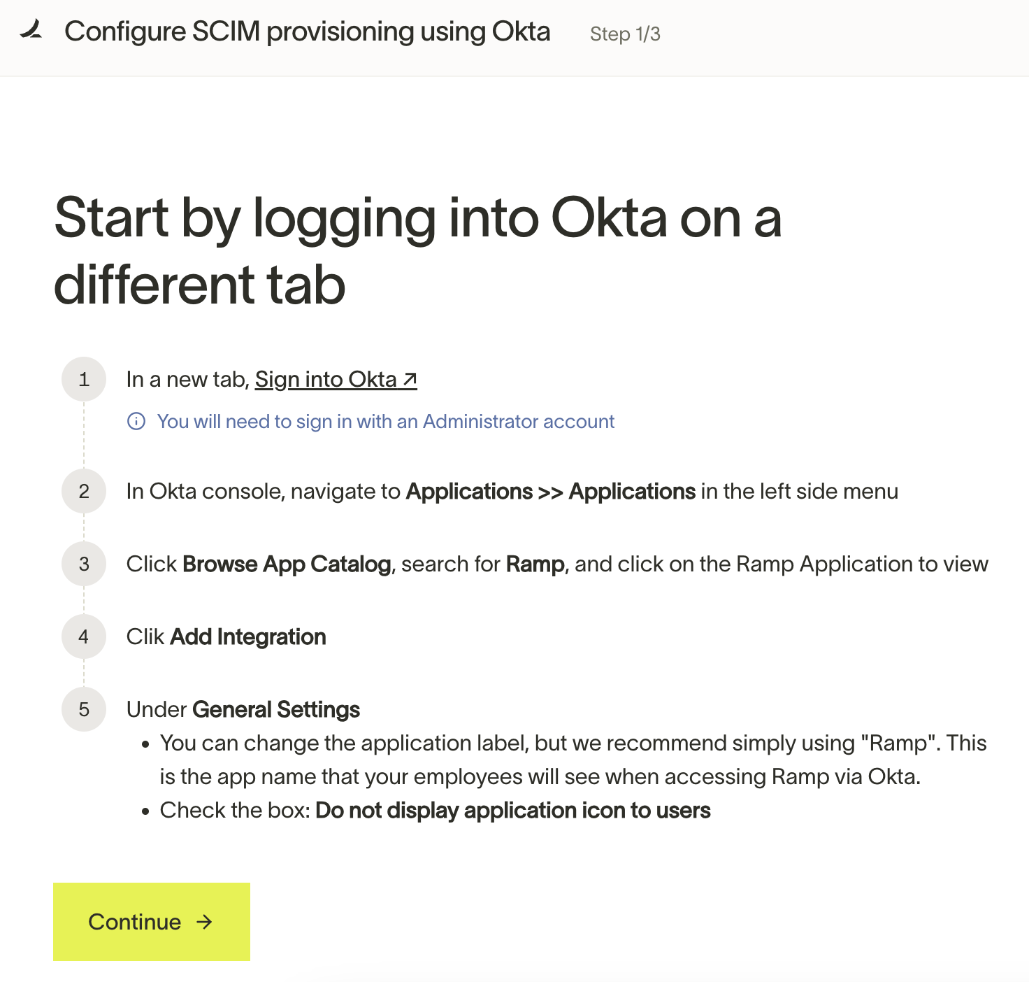 Ramp setup flow for configuring SCIM provisioning using Okta