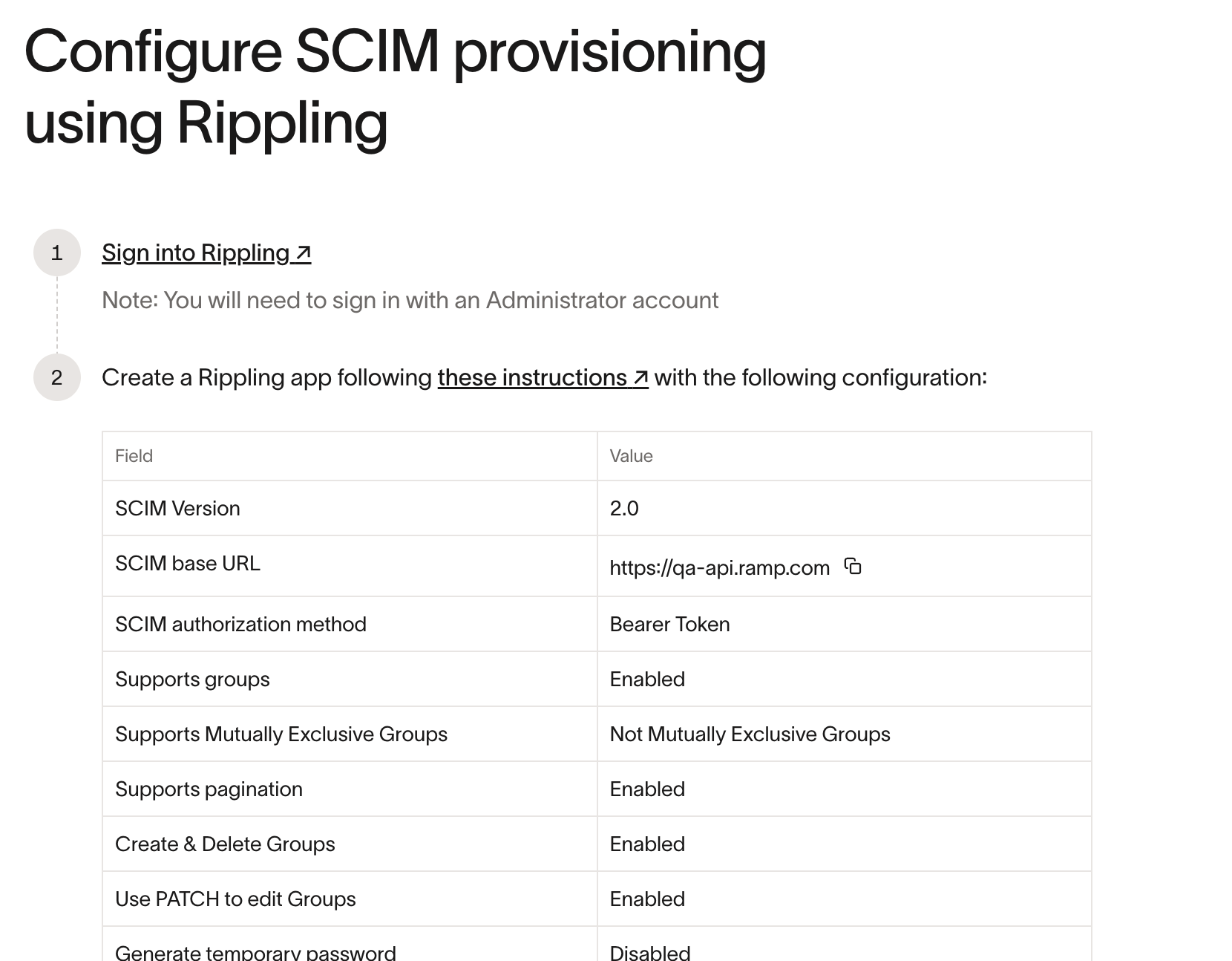 Ramp setup flow for configuring SCIM provisioning using Rippling