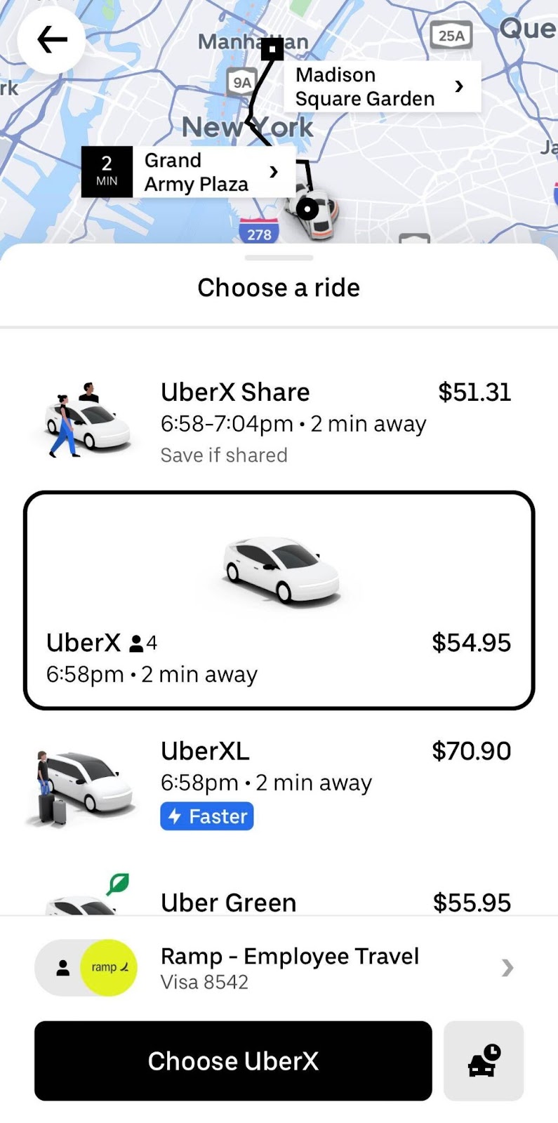 Uber app ride selection screen showing Ramp card as the payment method