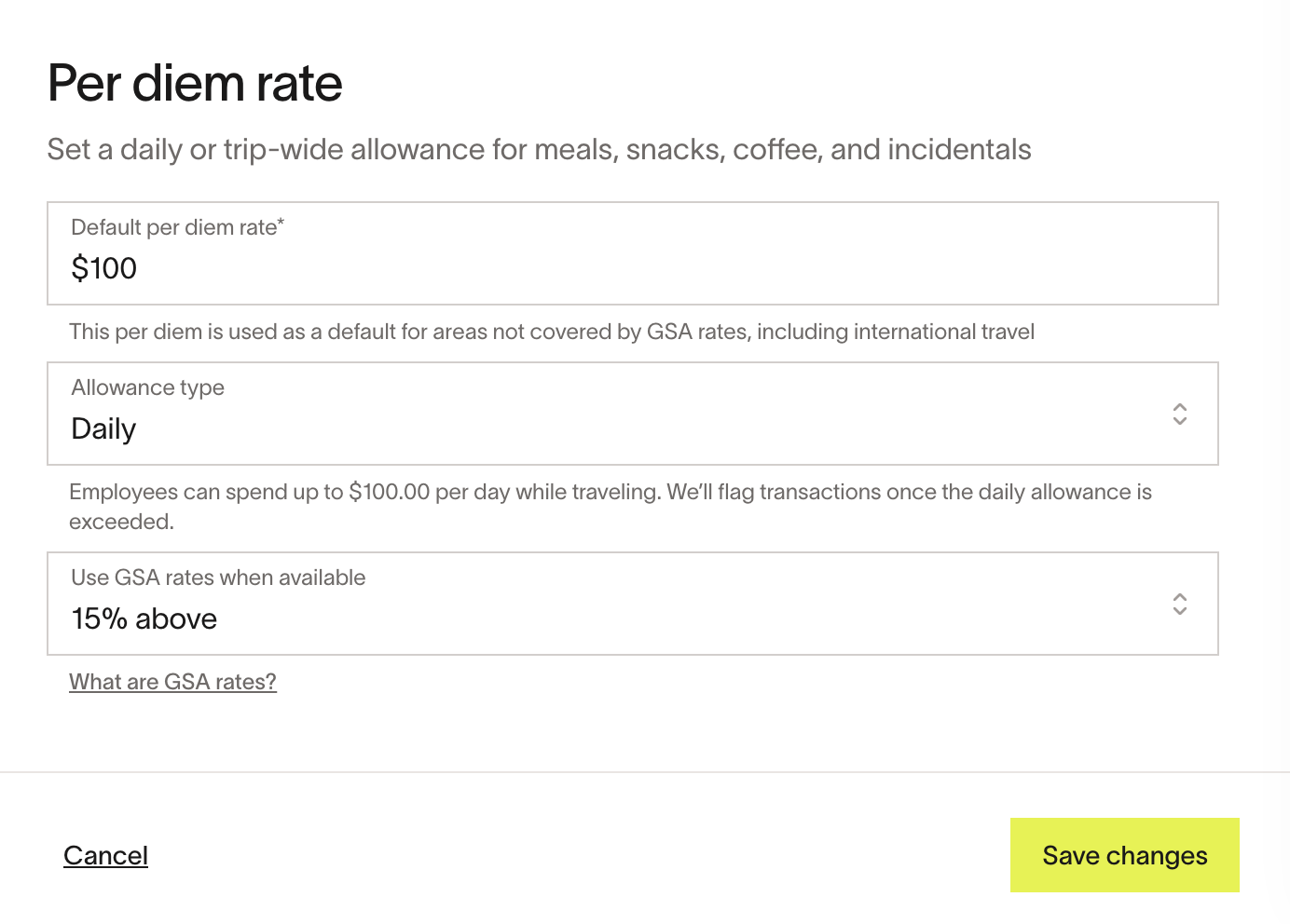 Per diem rate settings for daily allowance, with options for default amount, frequency, and GSA rates.