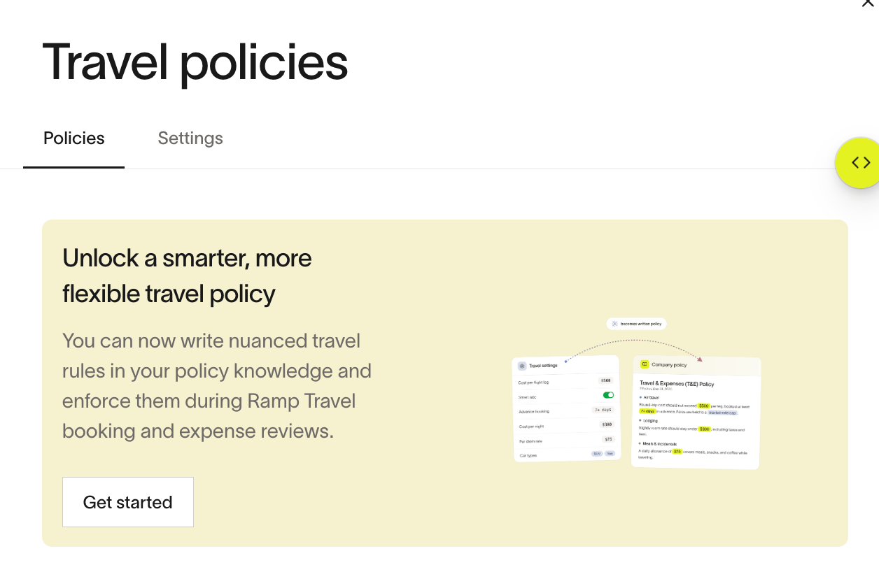 Travel Policies page showing the migration banner and Get started button.