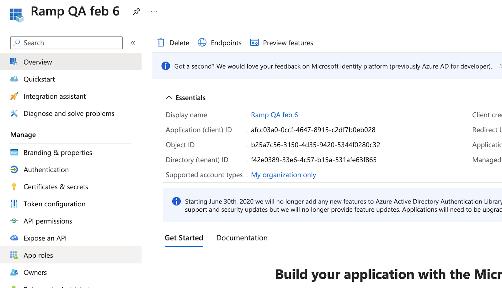 Ramp app registration overview page with App roles in the sidebar