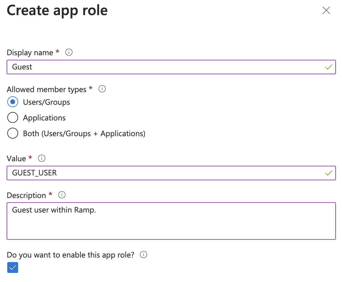 Create app role dialog with Guest role configured as GUEST_USER
