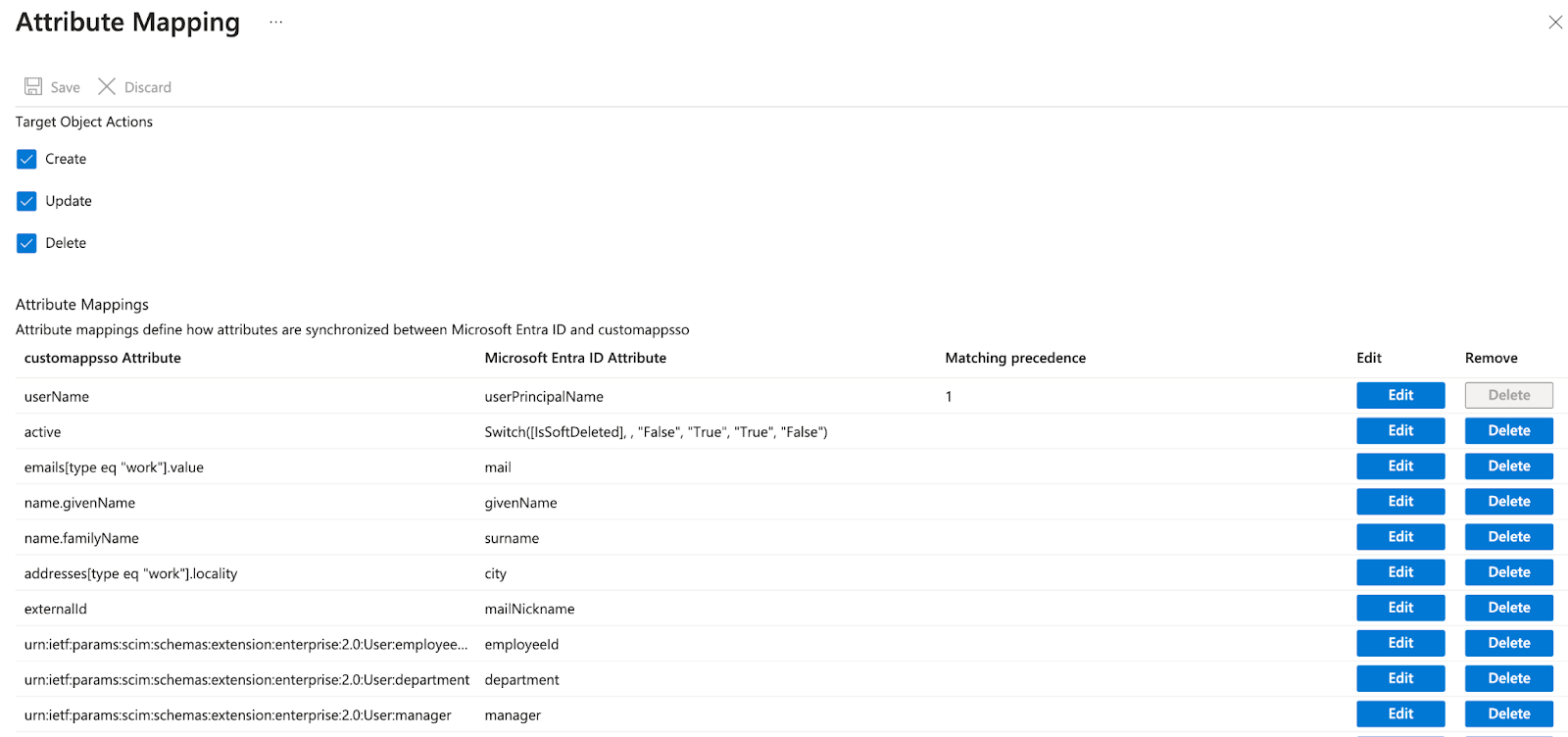 Entra Attribute Mapping page showing existing SCIM attribute mappings