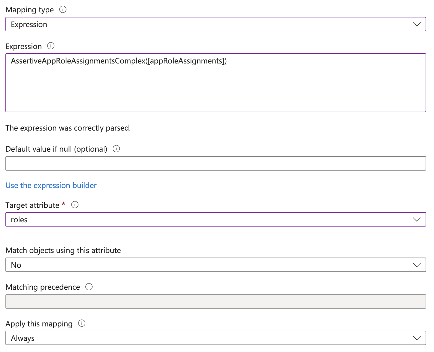 Role mapping configuration with Expression type and roles as target attribute