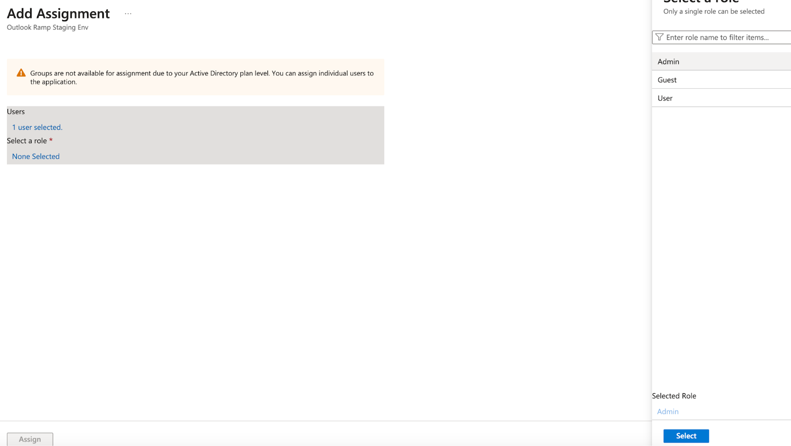 Add Assignment dialog with role selection dropdown showing Admin, Guest, and User