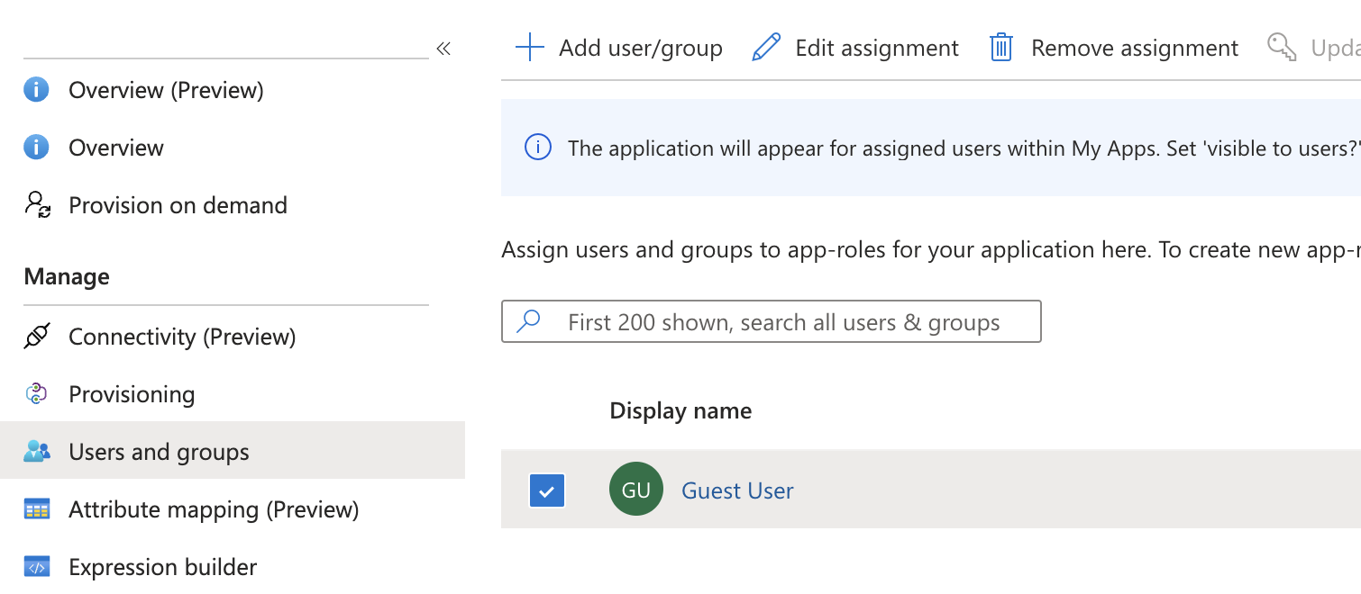 Users and groups page with a user selected and Edit assignment option visible