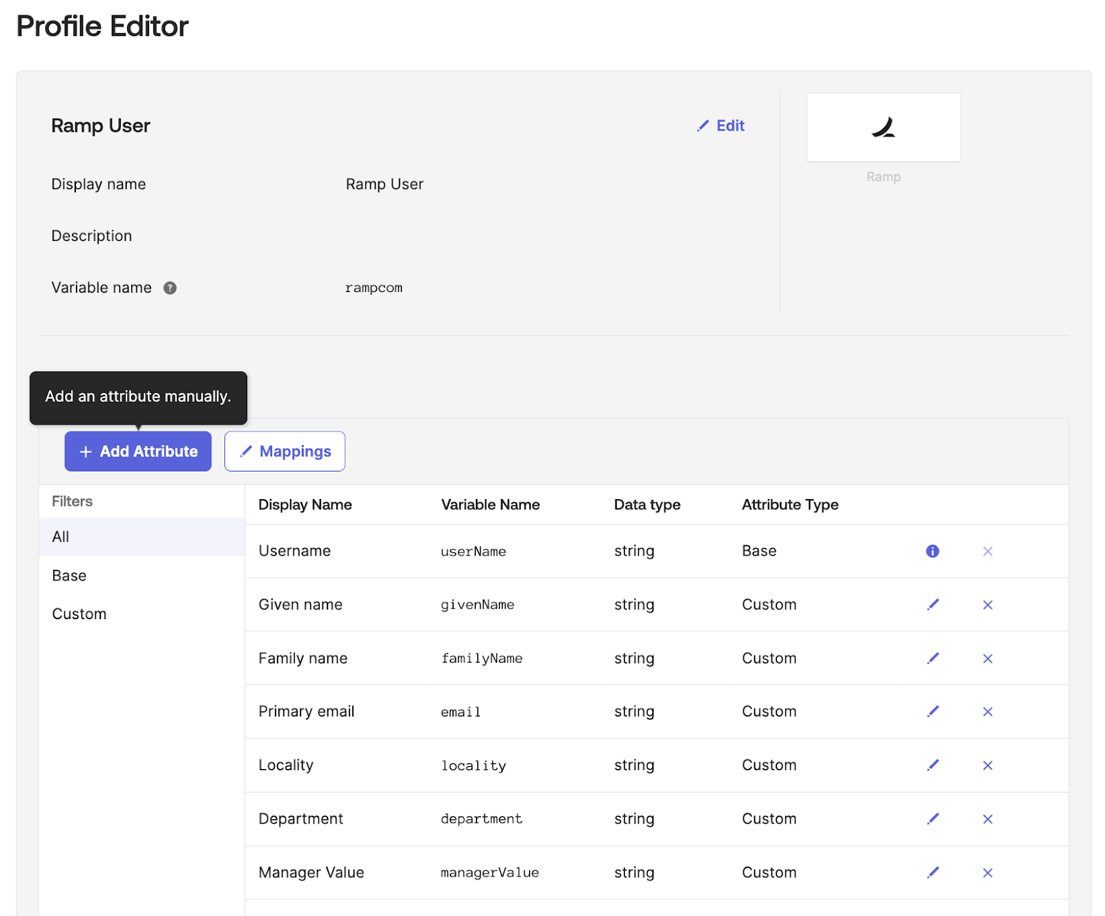 Ramp User Profile Editor with Add Attribute button highlighted