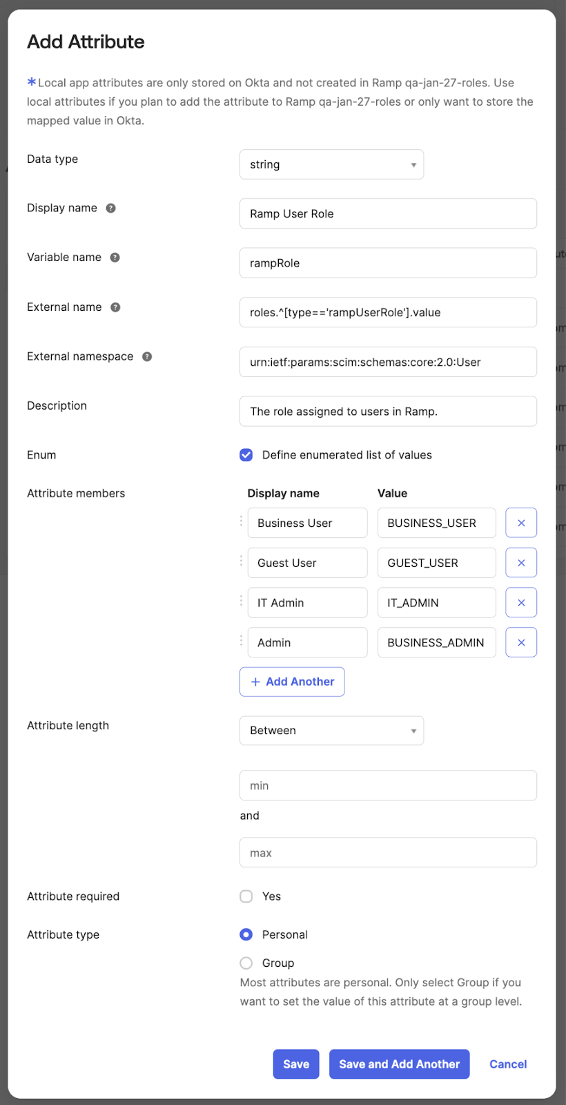 Okta Add Attribute form with role enum values configured for Ramp roles