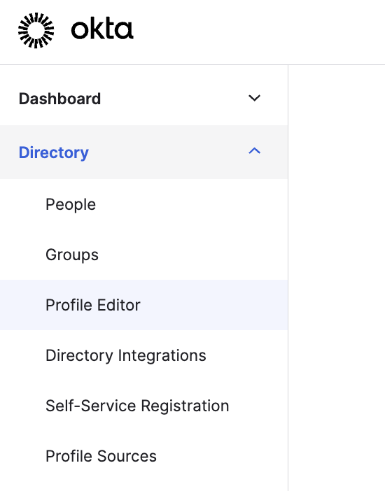 Okta sidebar with Directory expanded and Profile Editor selected
