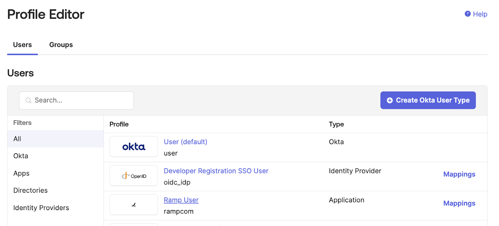 Okta Profile Editor showing the Ramp User application profile