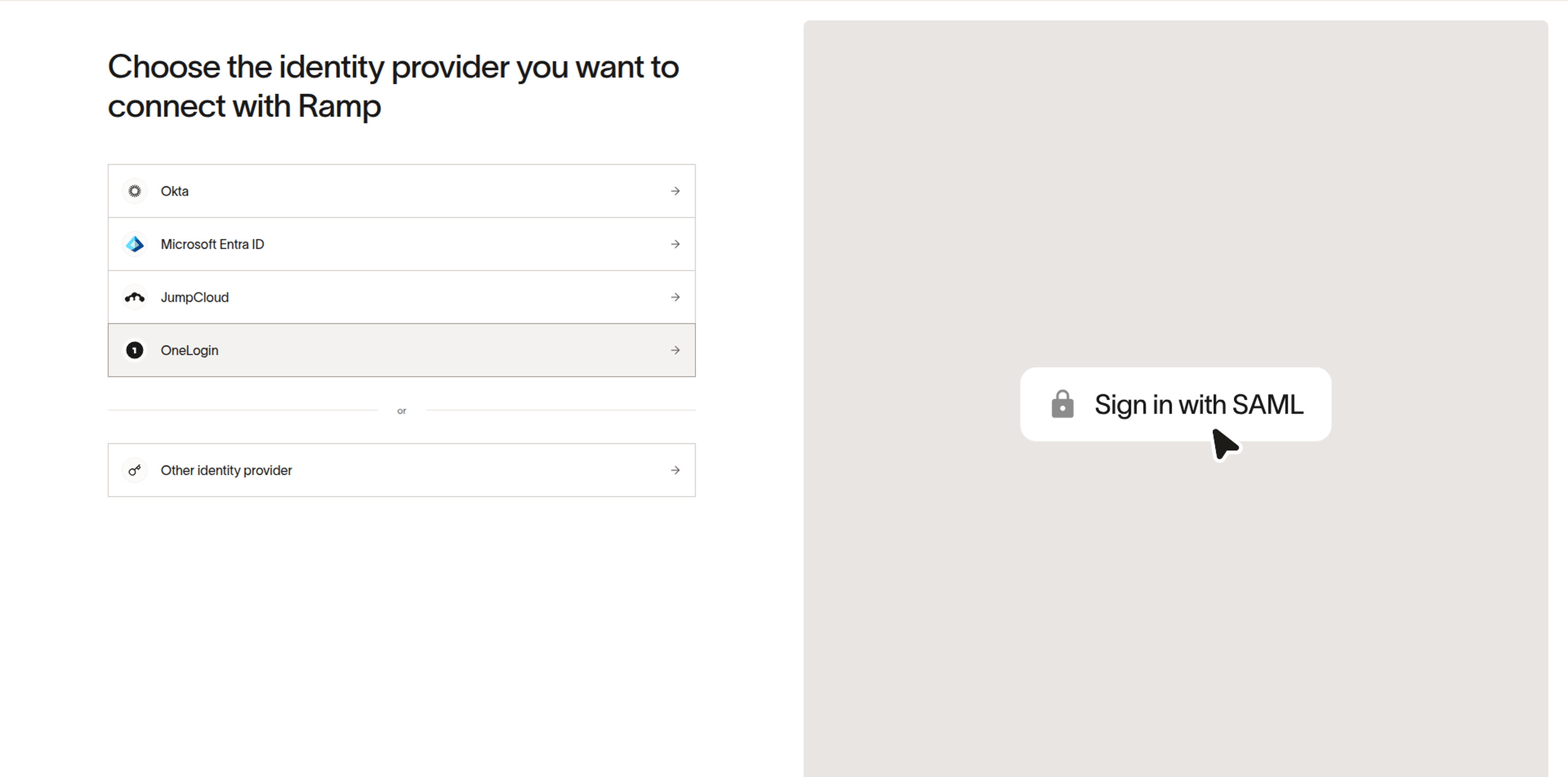 SAML provider selection screen showing Okta, Microsoft Entra ID, JumpCloud, OneLogin, and Other identity provider options
