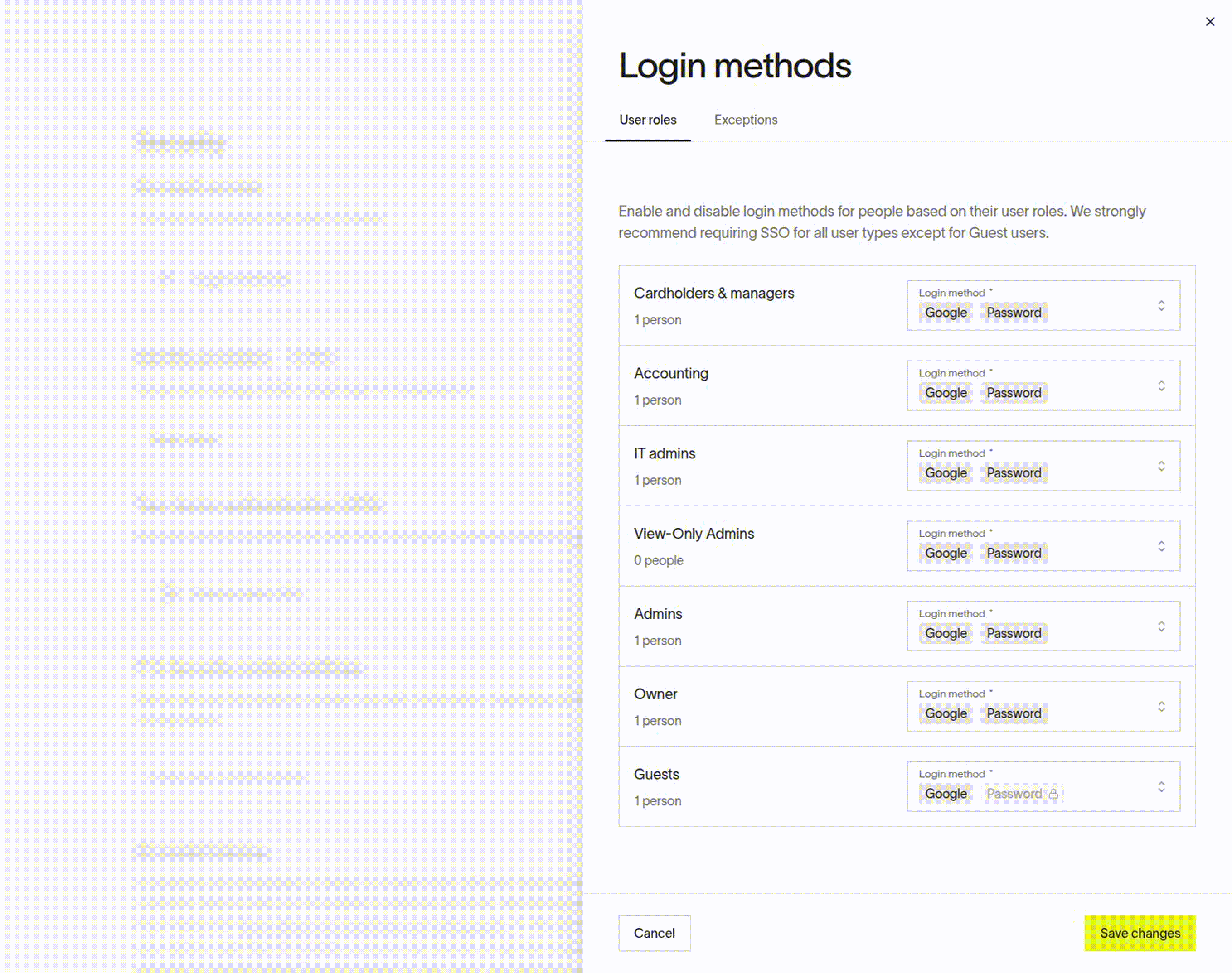 Sign-in methods by role showing Accounting and the locked Password method for Guests