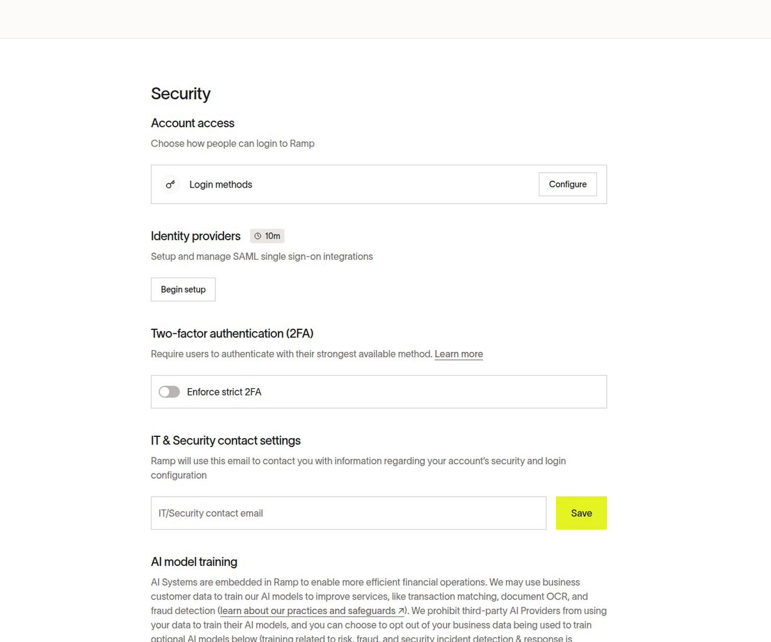 Company security settings showing Account access and Identity providers