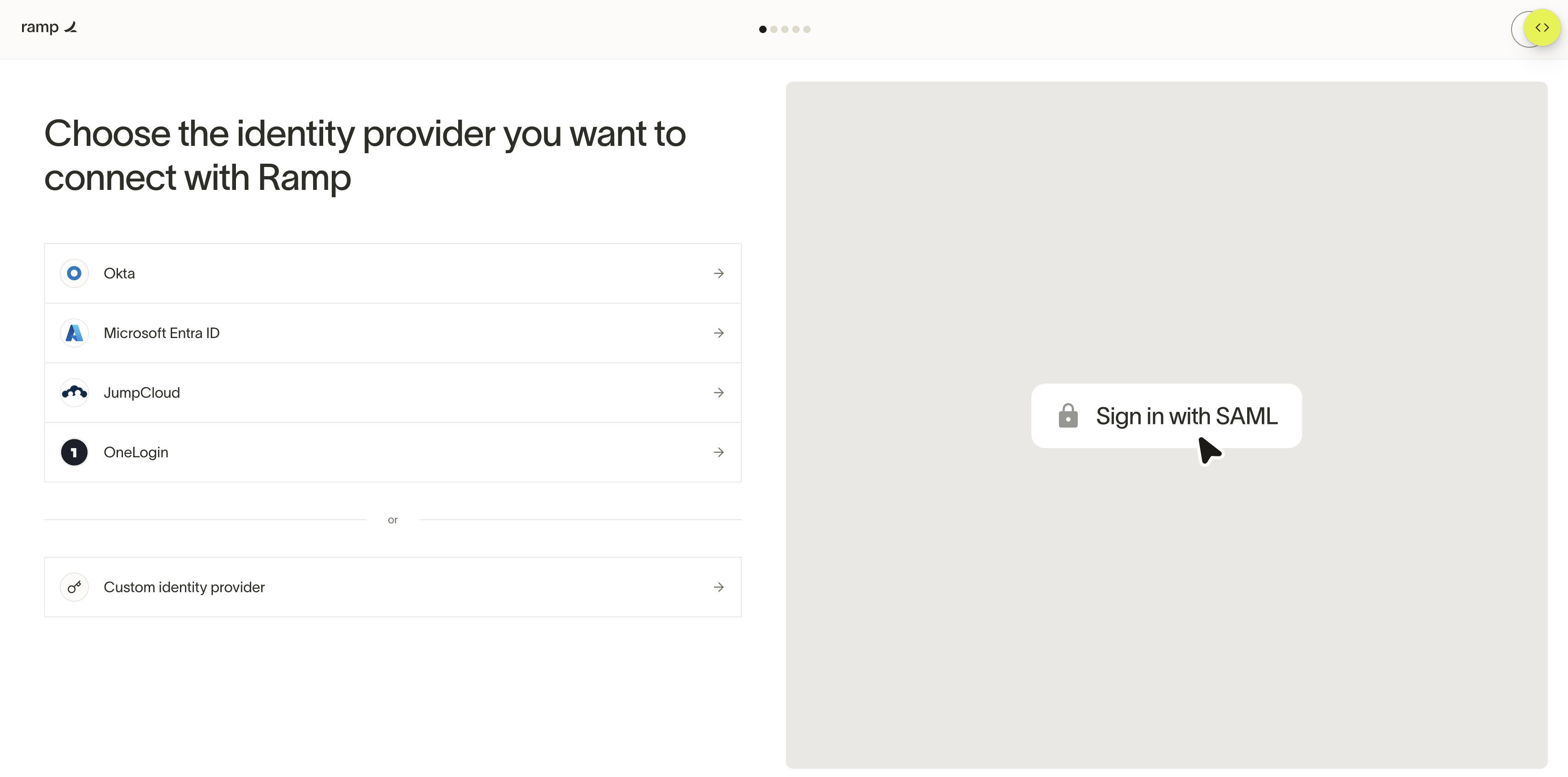 SAML provider selection screen showing Okta, Microsoft Entra ID, JumpCloud, OneLogin, and Custom identity provider options