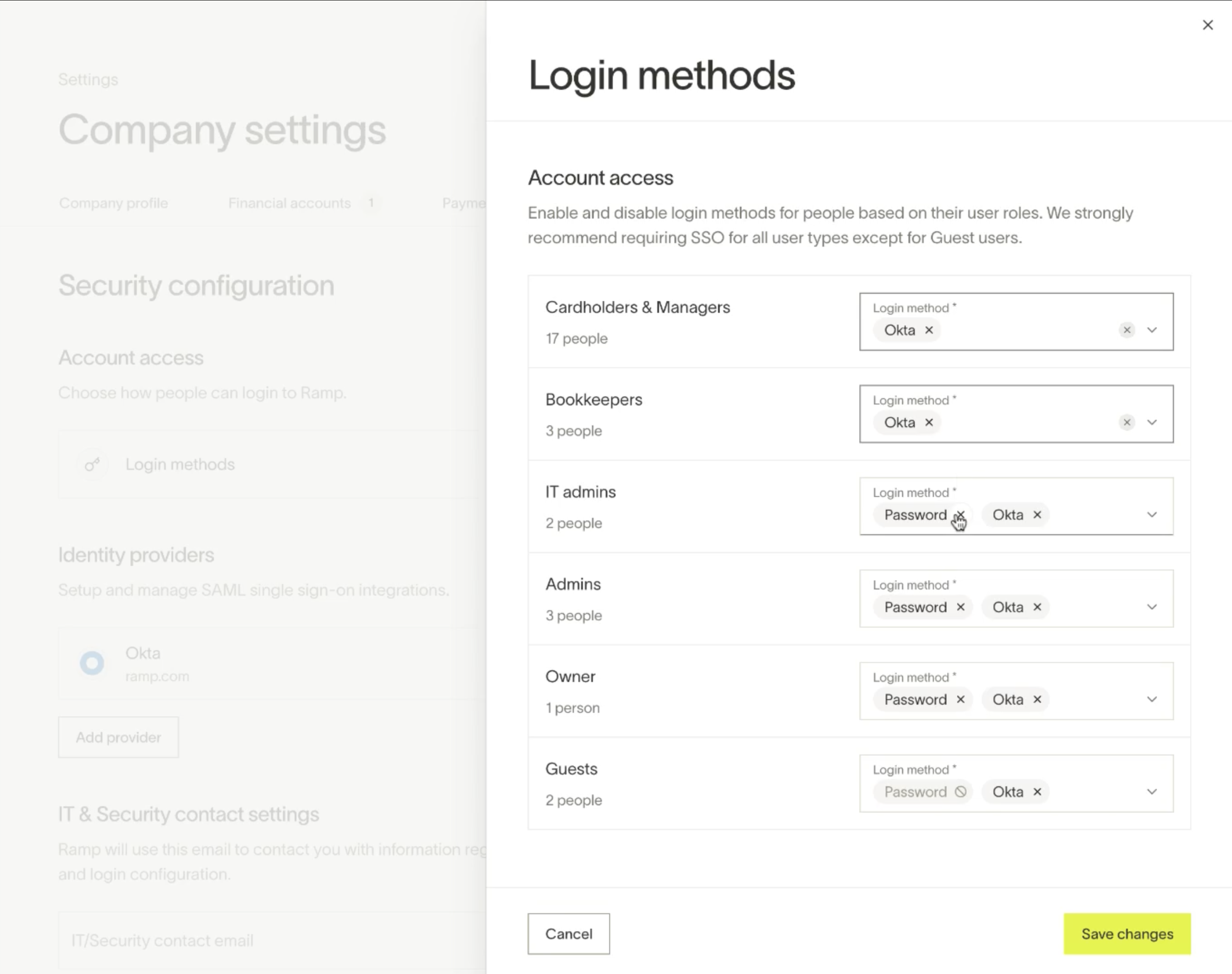 Sign-in methods role configuration showing available authentication methods per user role