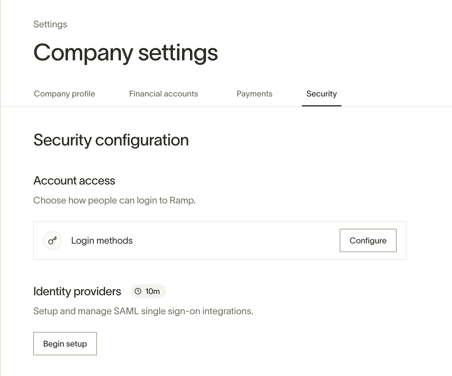 Identity providers section in Ramp security settings showing the Begin setup button
