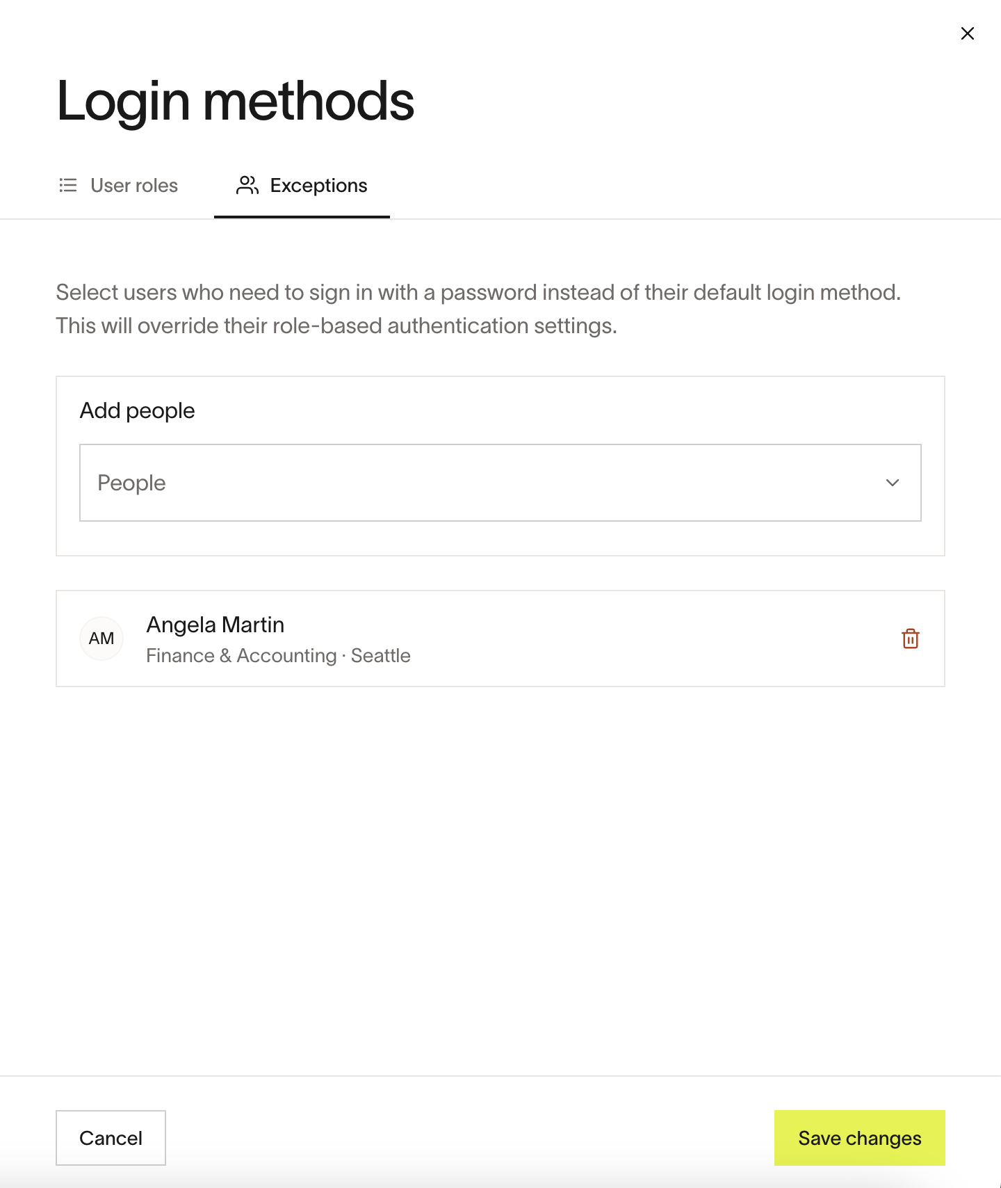 Exception list interface for adding individual users who retain password sign-in access
