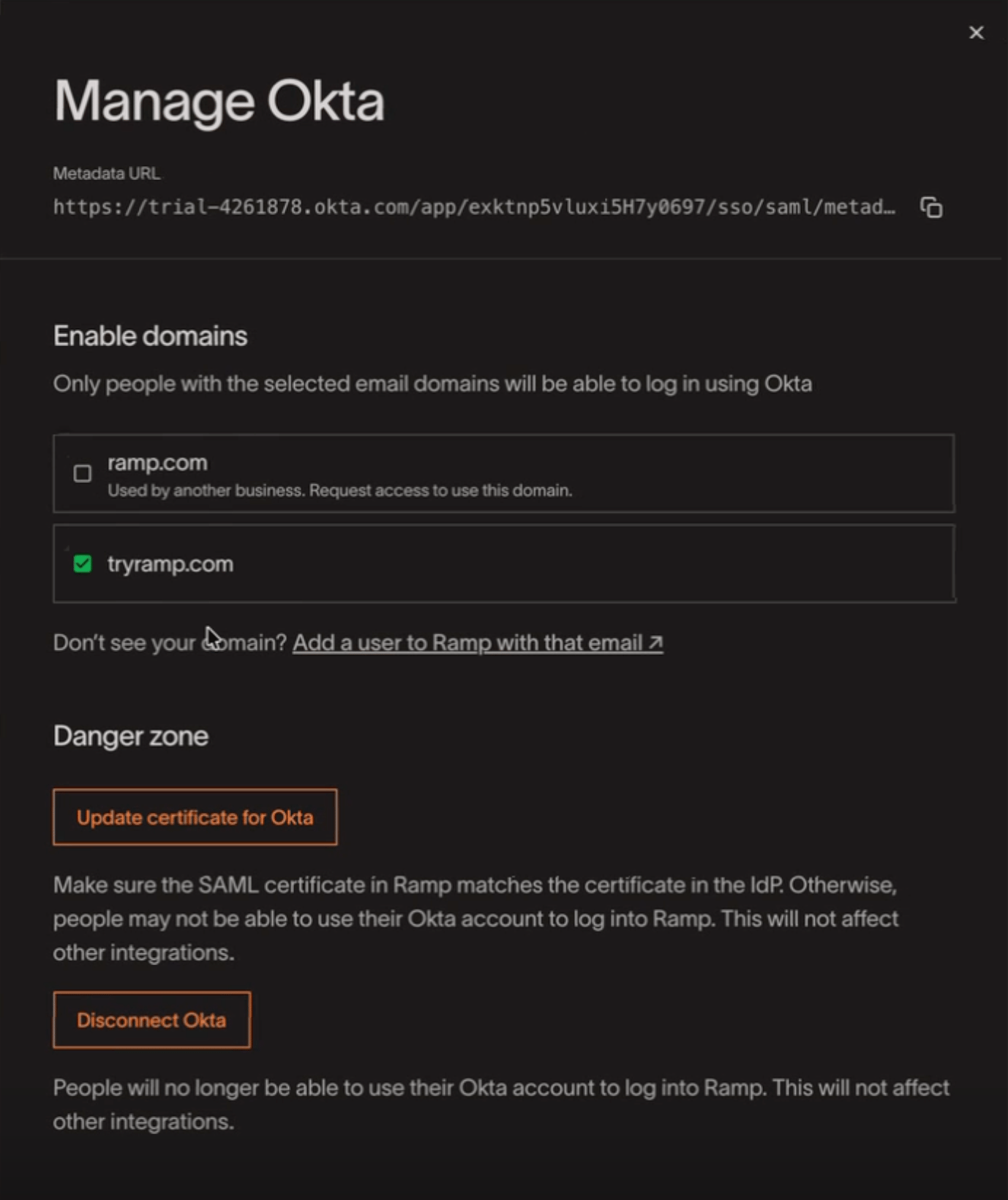 Manage Okta drawer showing a shared domain selected in the Enable domains section