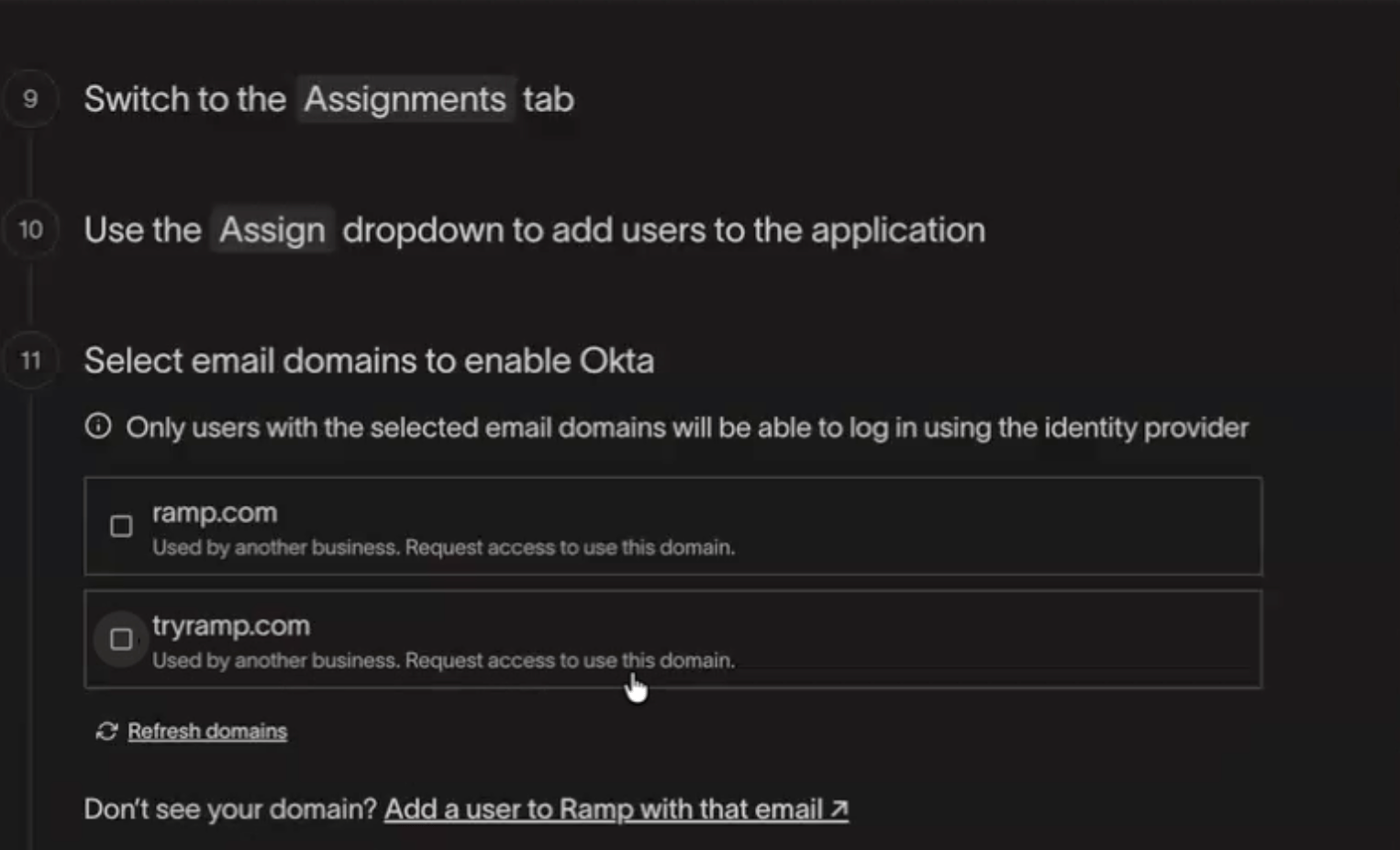 Domain selection in SAML setup showing the message Used by another business. Request access to use this domain.