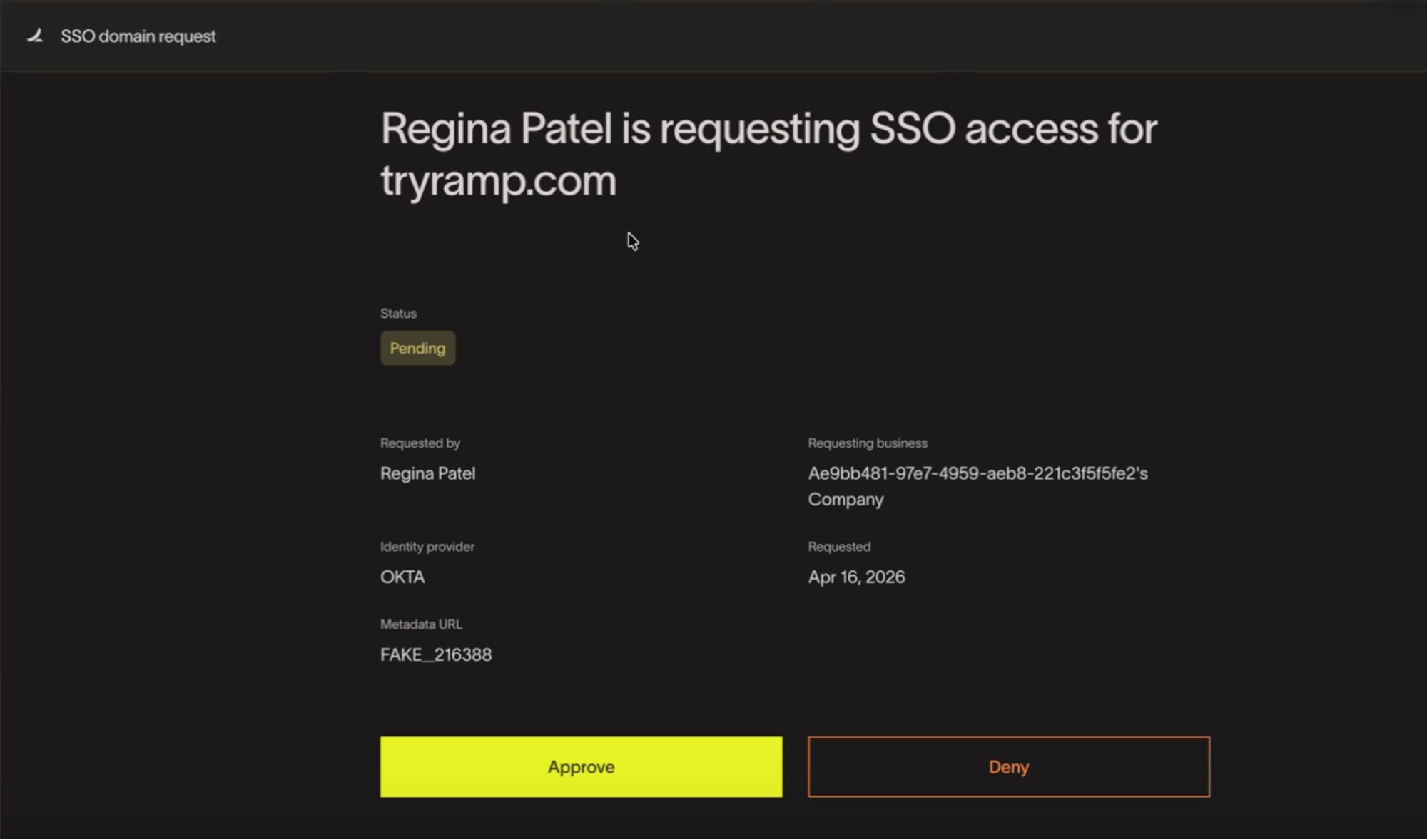 SSO domain request review page showing the requester, requesting business, status, and Approve and Deny buttons
