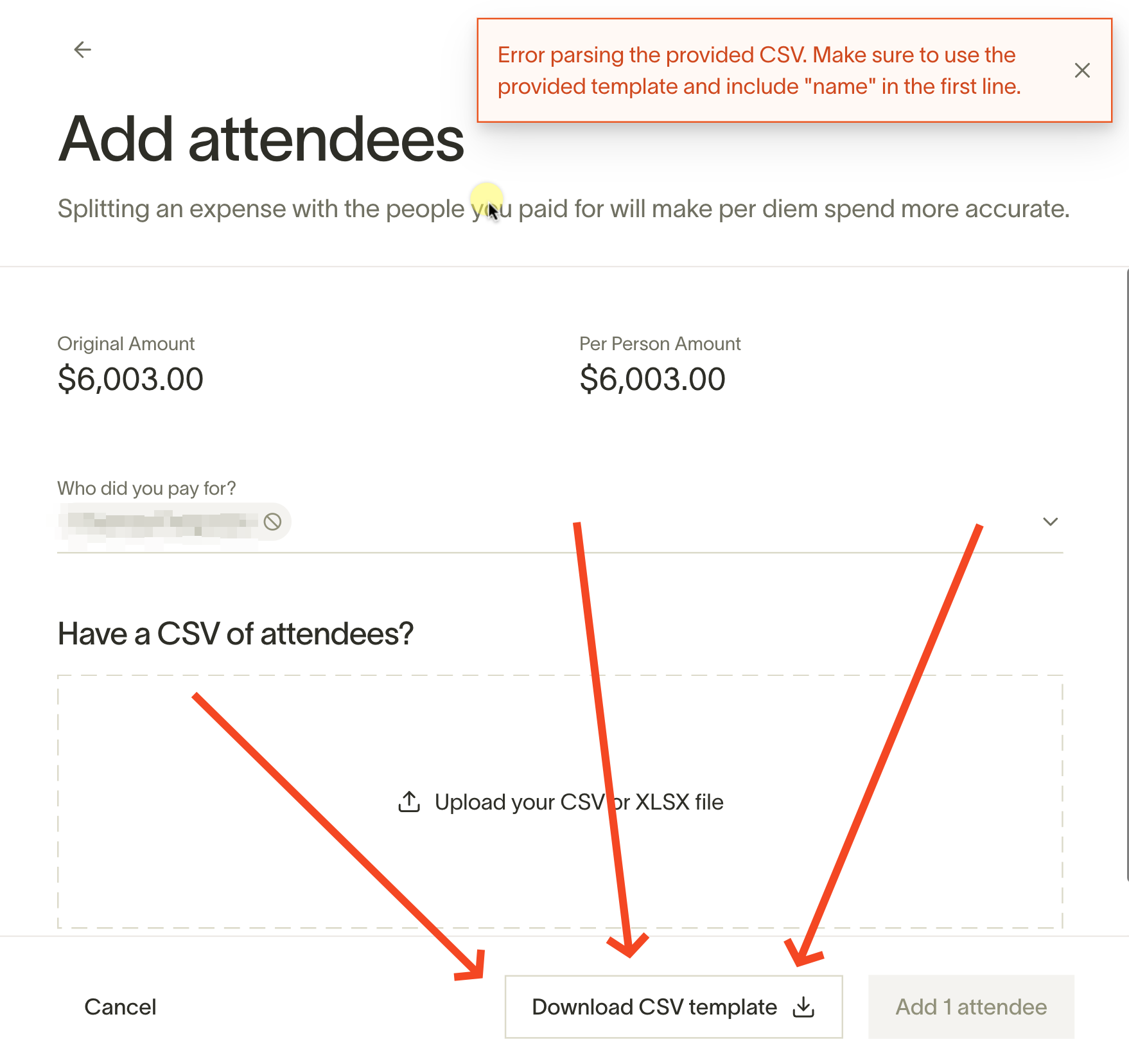 Add attendees dialog showing CSV upload option and error for incorrect template format