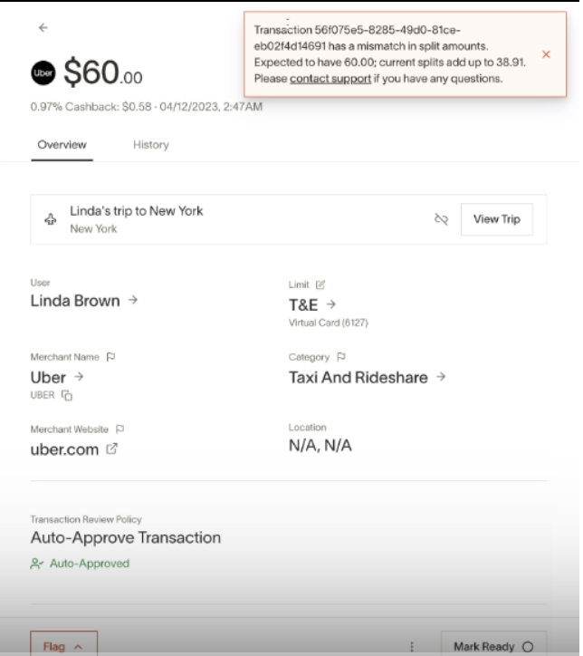 Transaction detail showing a mismatch in split amounts error banner