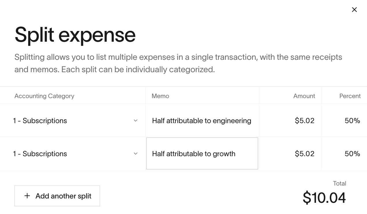Split expense view showing splittable fields like category, memo, amount, and percent per line