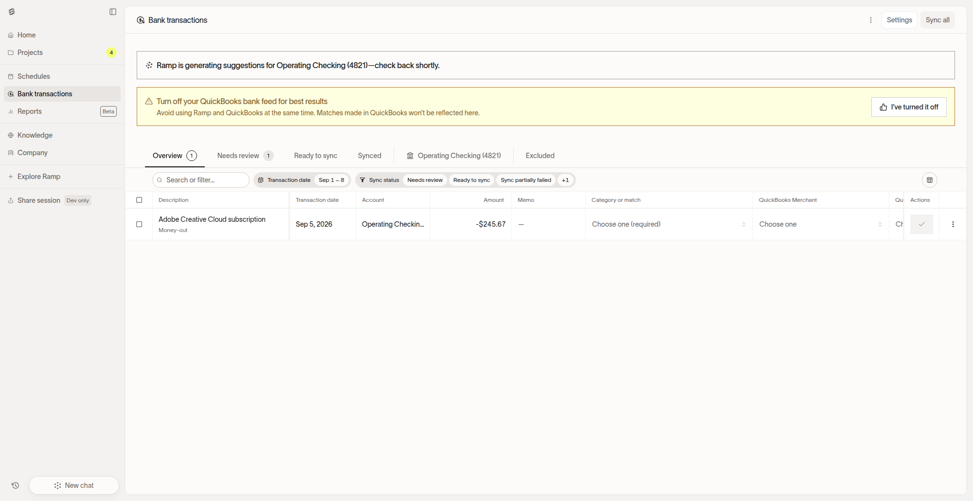Stack bank transactions showing transactions grouped by review and sync status
