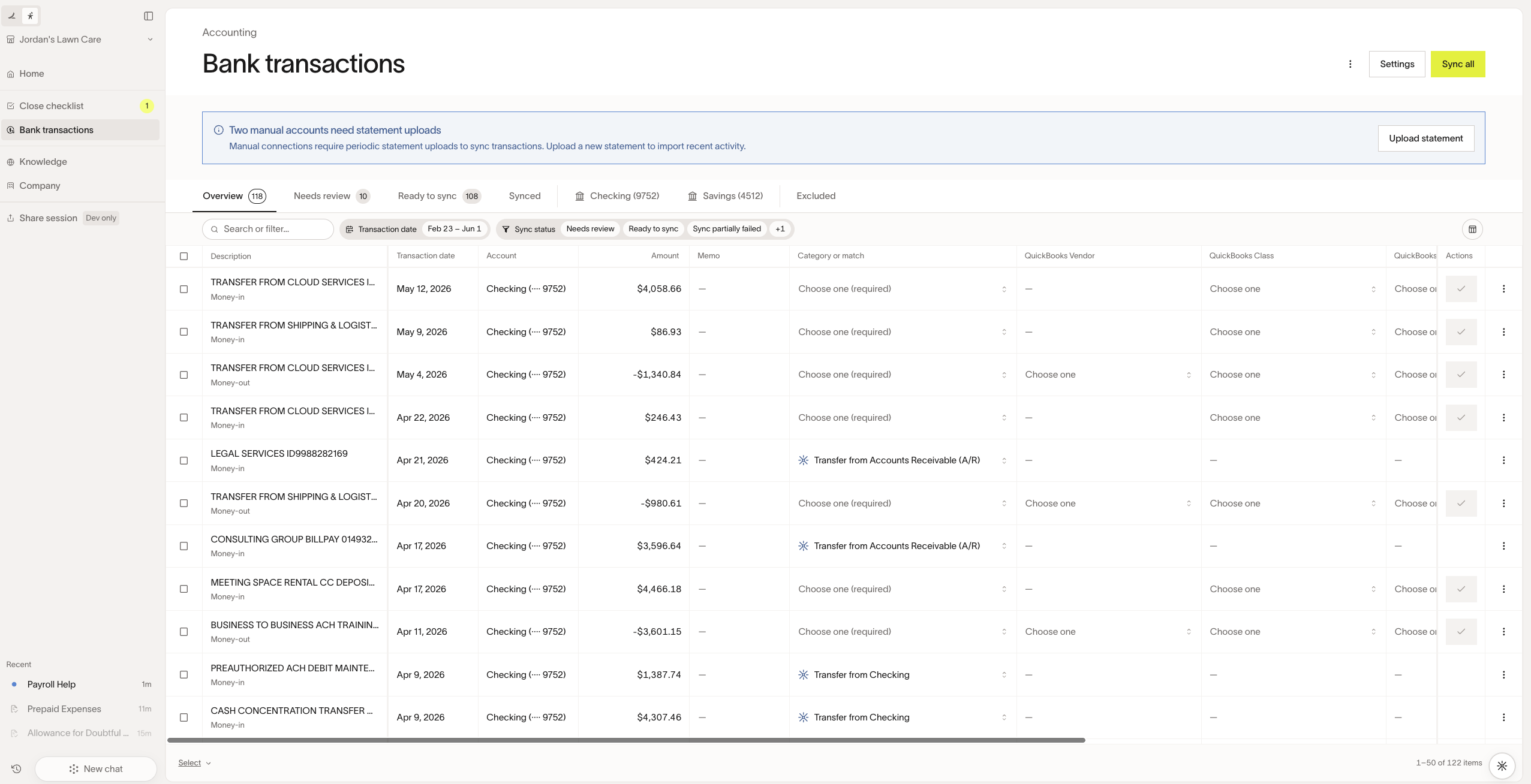 Stack bank transactions showing transactions grouped by review and sync status