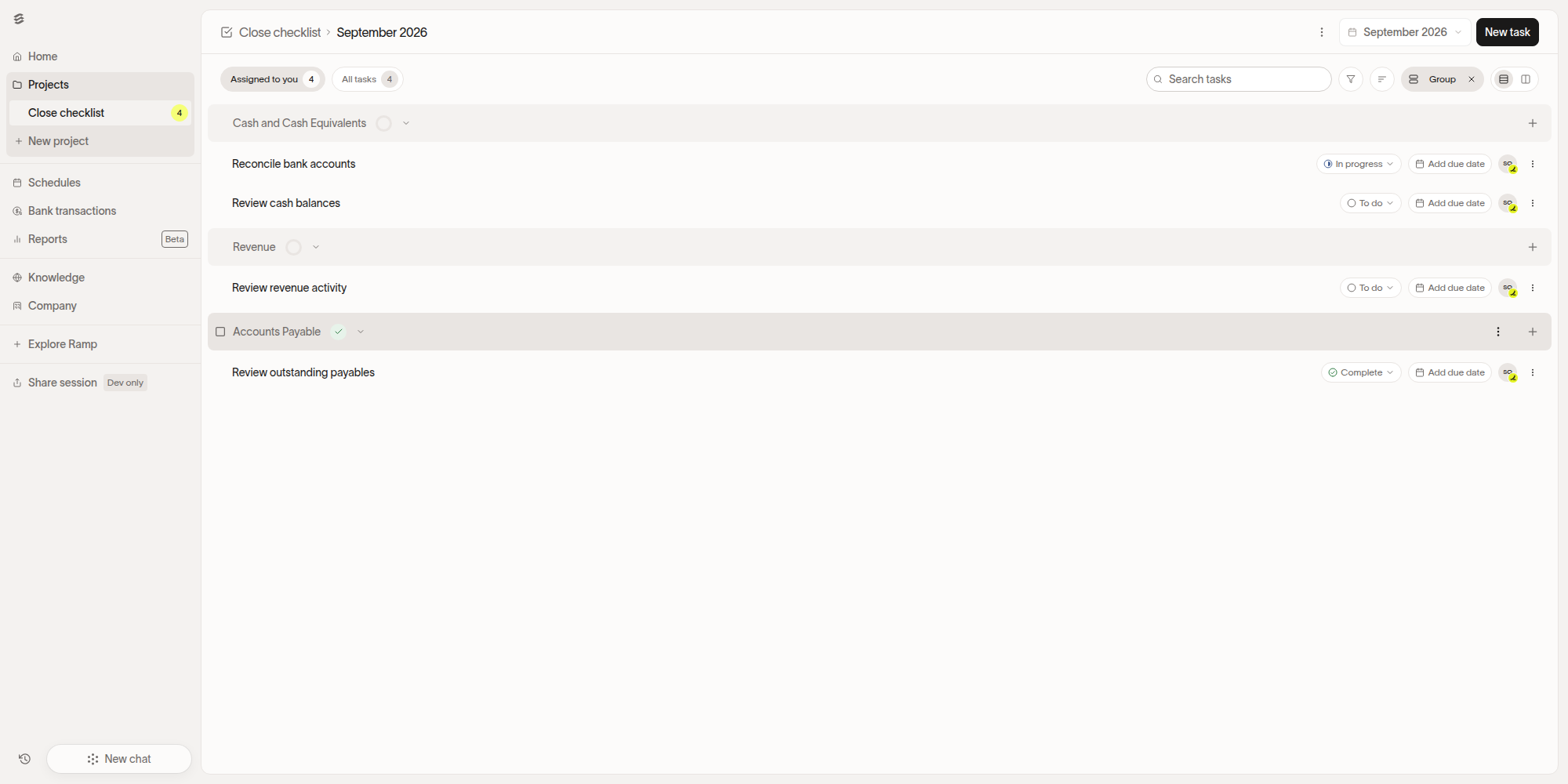 Stack close checklist showing month-end close tasks, task owners, and task statuses
