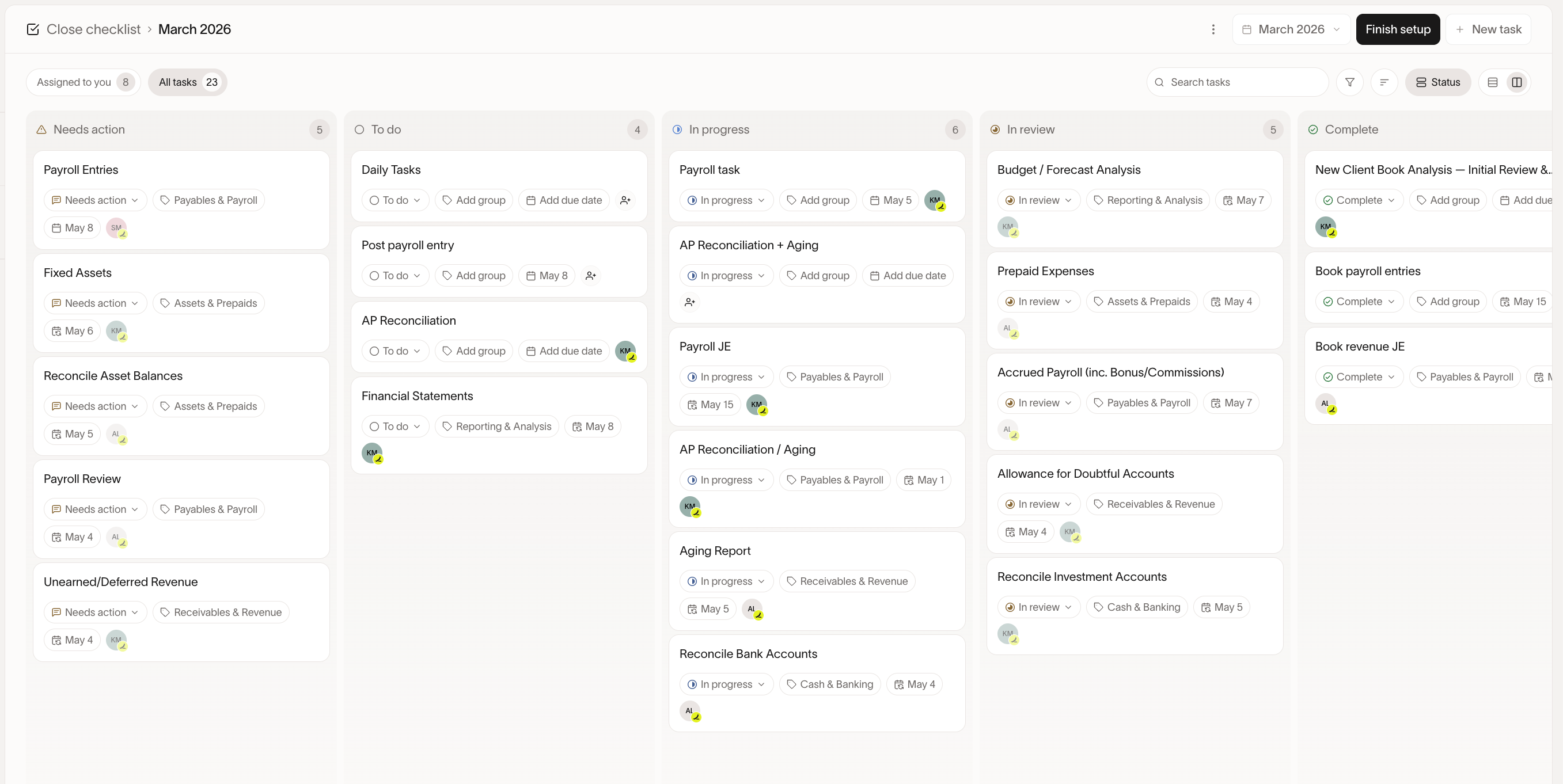 Stack close checklist showing month-end close tasks, task owners, and task statuses