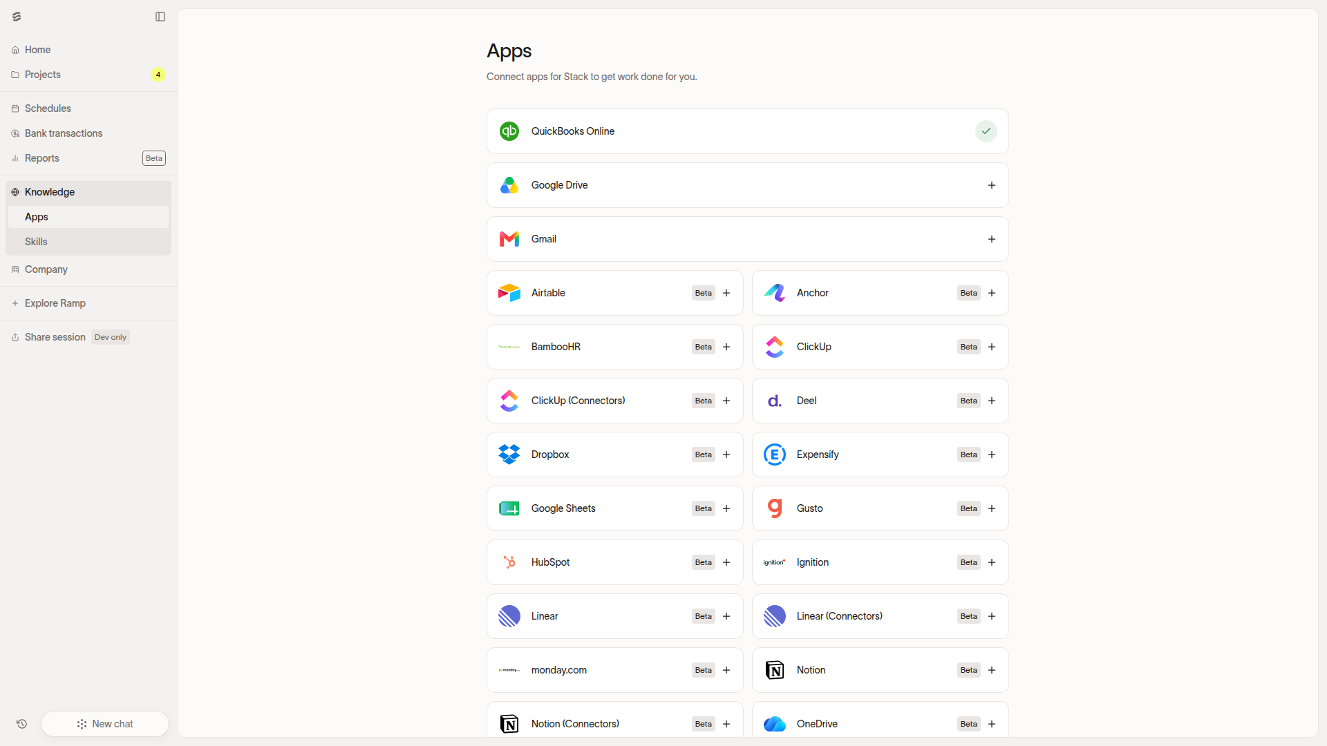 Stack Knowledge Apps showing connected application options for Stack