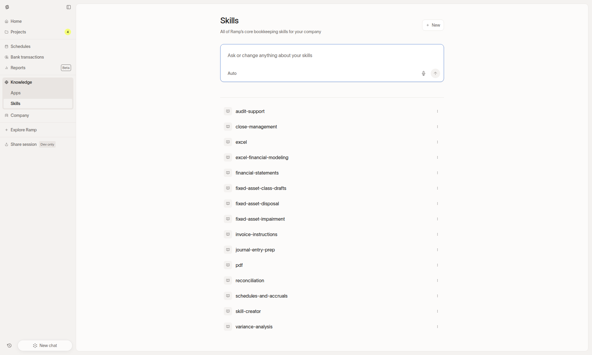 Stack Knowledge Skills showing reusable bookkeeping skills