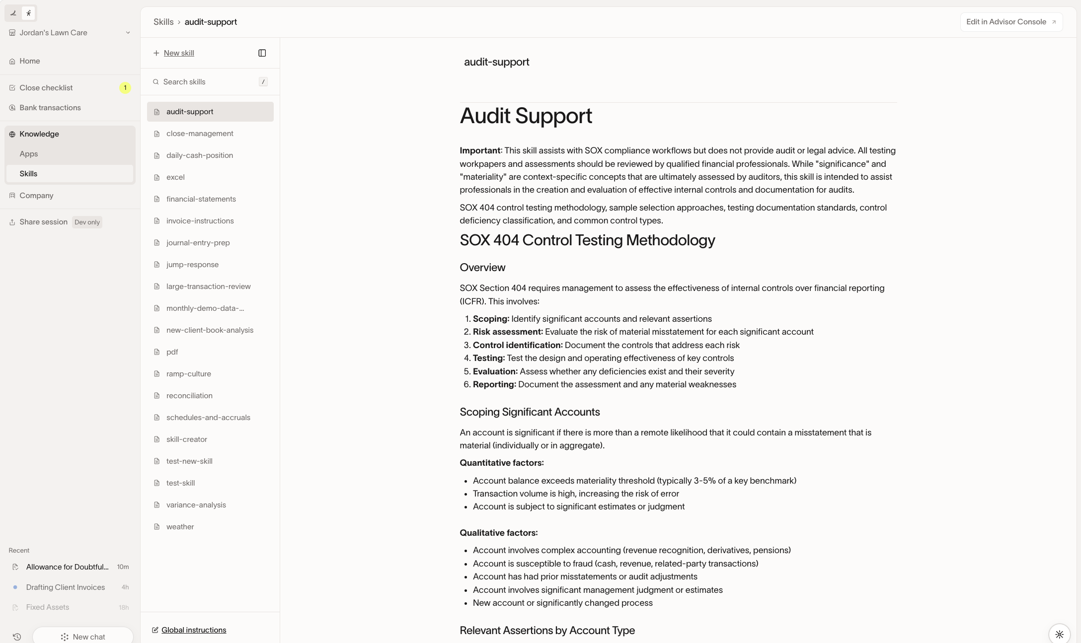 Stack Knowledge Skills showing reusable bookkeeping skills