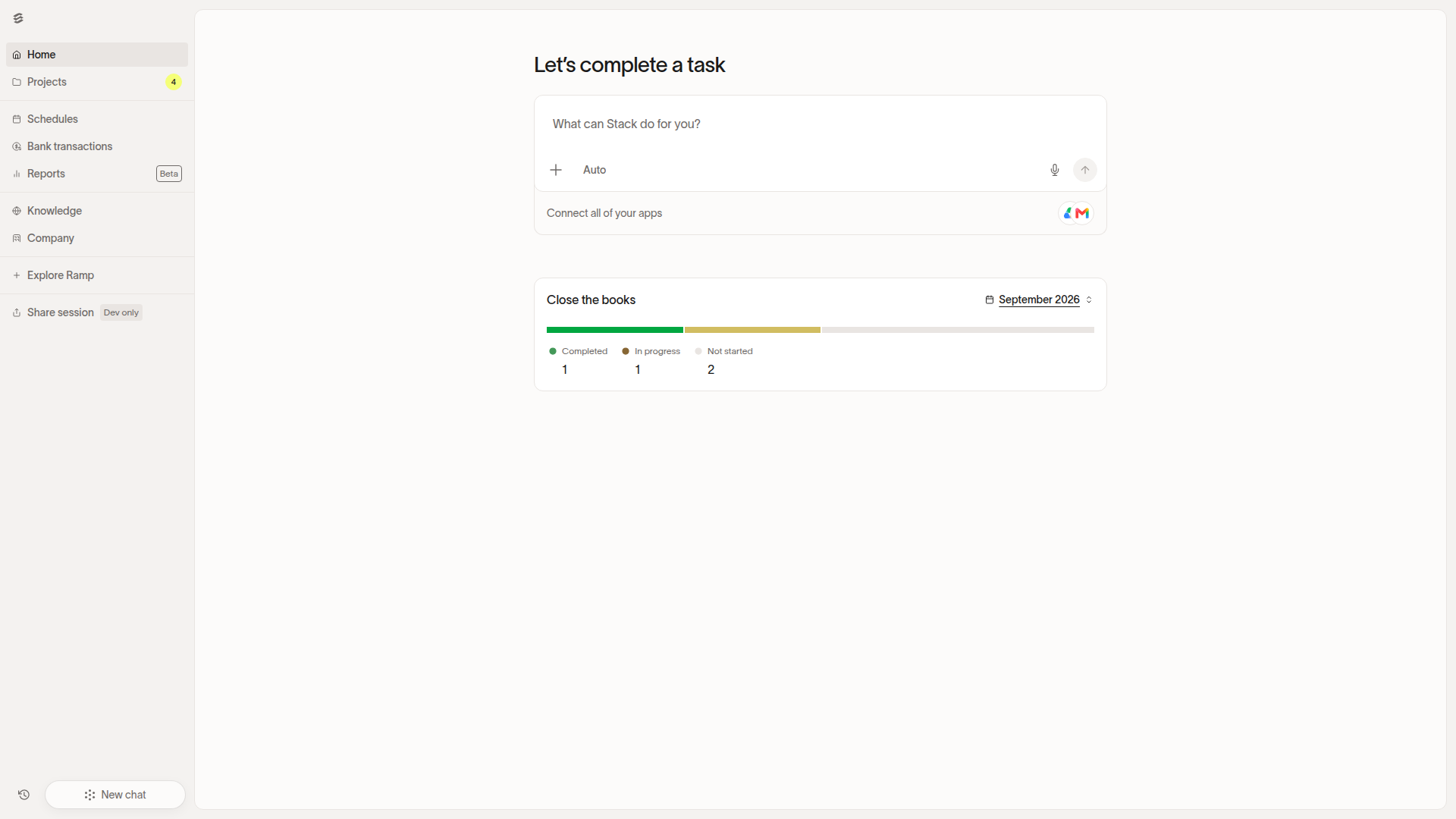 Stack Home showing close checklist progress and a message box for bookkeeping requests