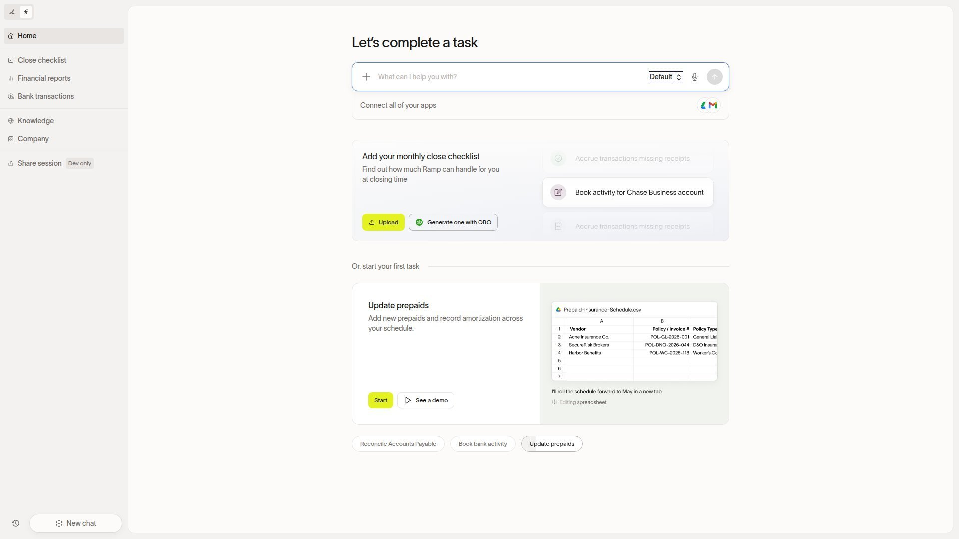 Stack Home showing task suggestions, connected apps, and a message box for bookkeeping requests