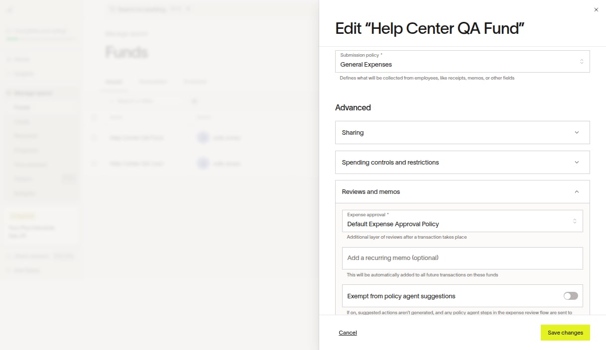Fund editor showing Submission policy, Expense approval, and Add a recurring memo under Reviews and memos.