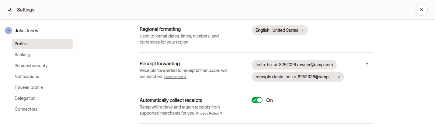 Profile settings showing the Ramp account and additional addresses under Receipt forwarding. The plus icon adds another receipt forwarding email.