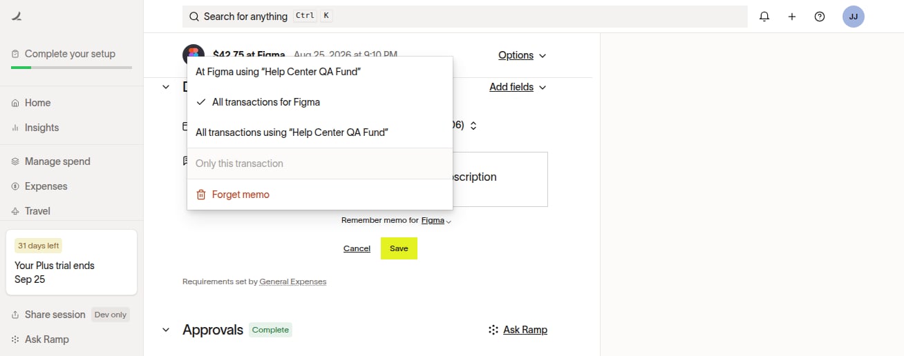 Memo dropdown showing options to apply a recurring memo by merchant, fund, merchant and fund, or only the current transaction. A Forget memo action removes the recurring rule.