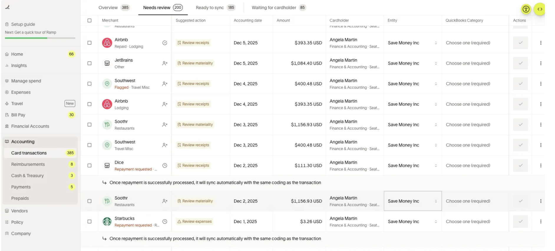 Overview page showing repayment transactions waiting for synchronization, with details like date and sync status.
