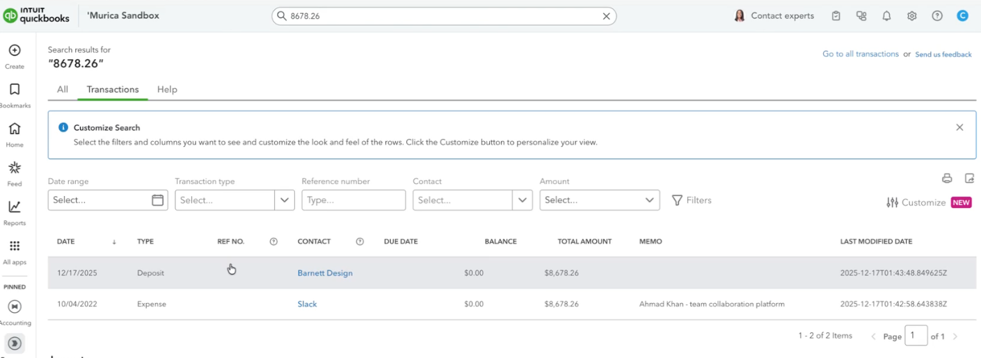 Transaction list in QuickBooks Online showing a deposit record created by a repayment sync.