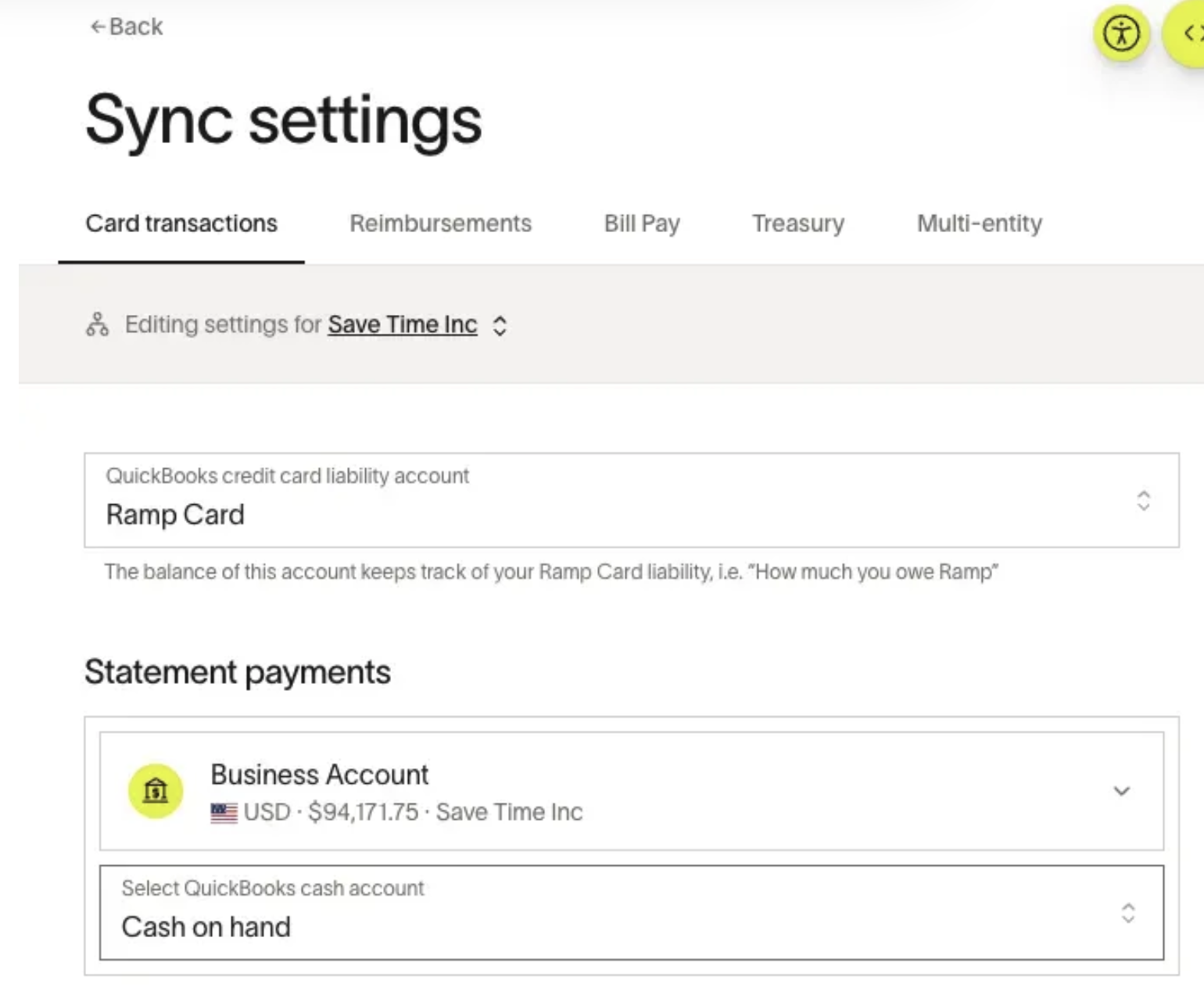 Accounting sync settings page showing the Statement payments account selector under Ramp Card balance settings.