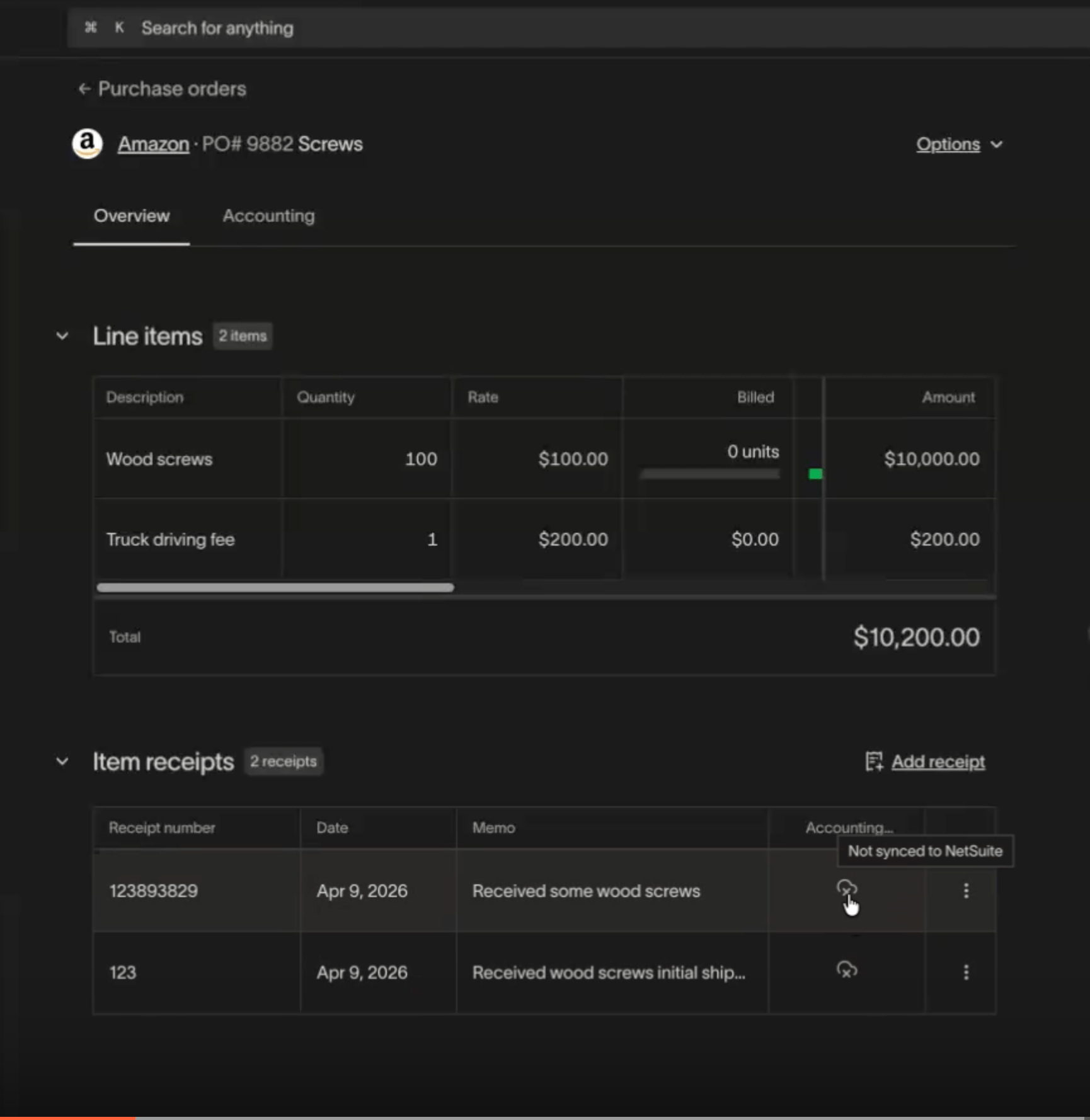 Purchase Order detail page showing the Item Receipts table with an Accounting column displaying Not synced to NetSuite status